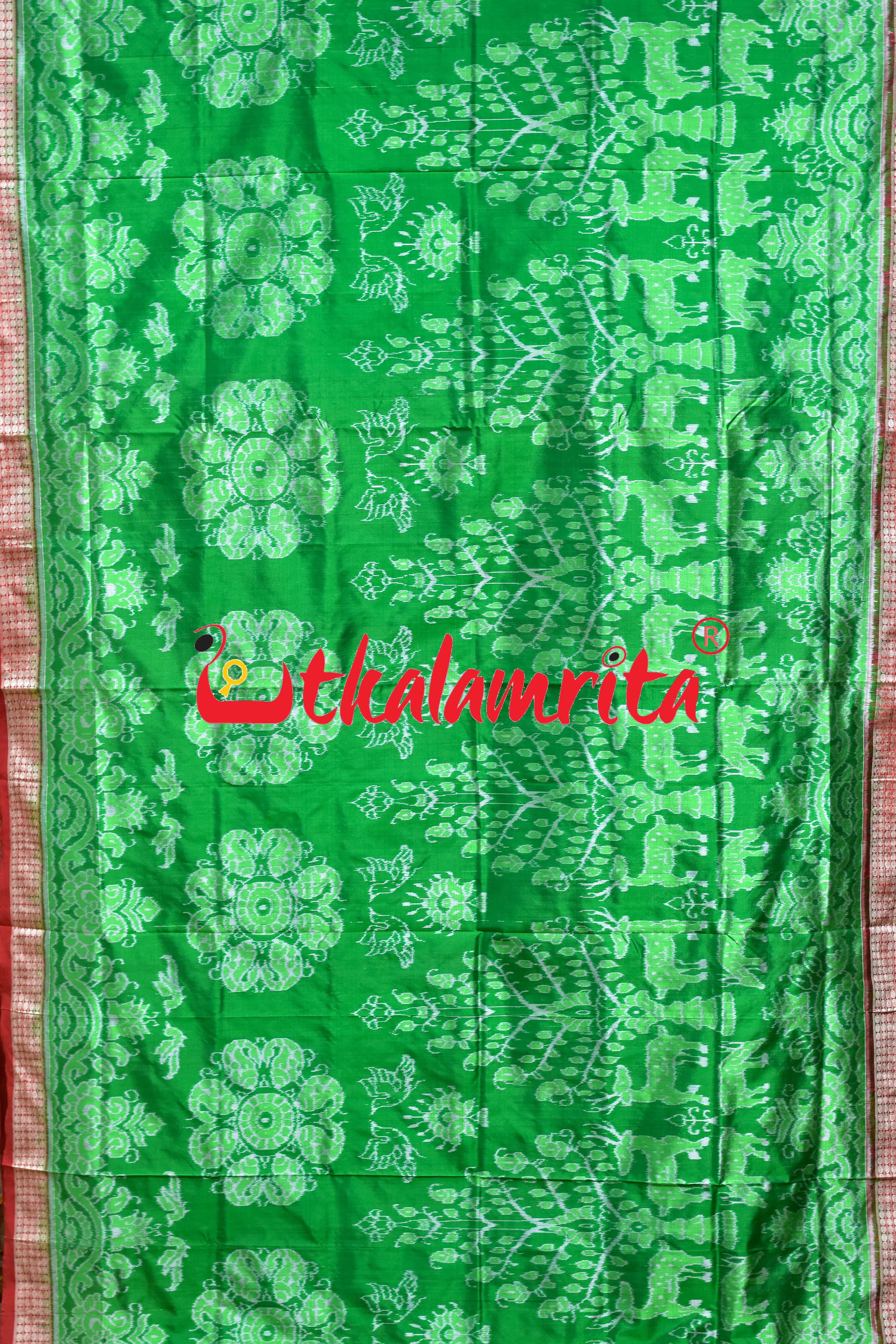 Green Red Deer Theme Sambalpuri Silk Saree