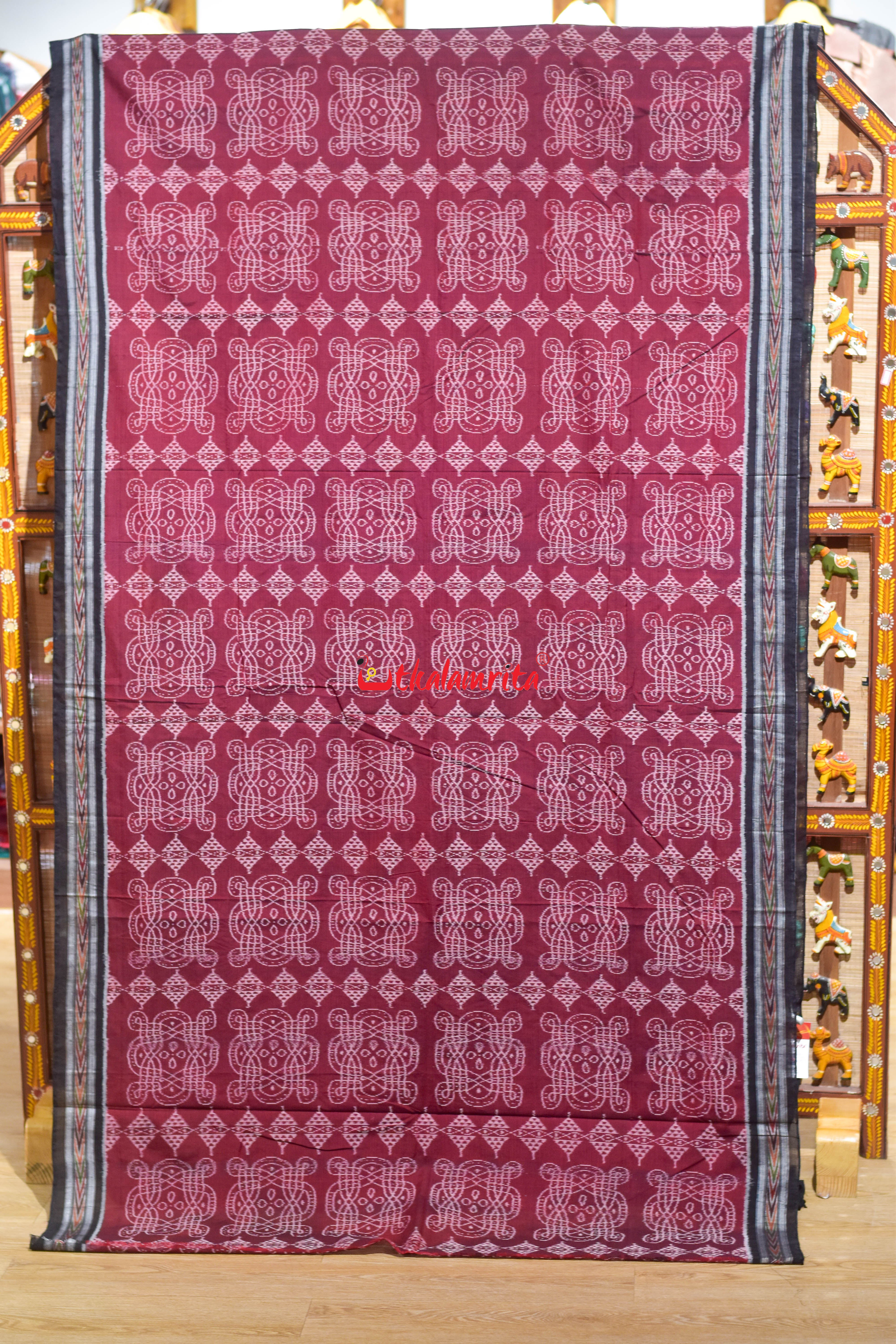 Maroon Black Nua Jhudi Sambalpuri Cotton Saree