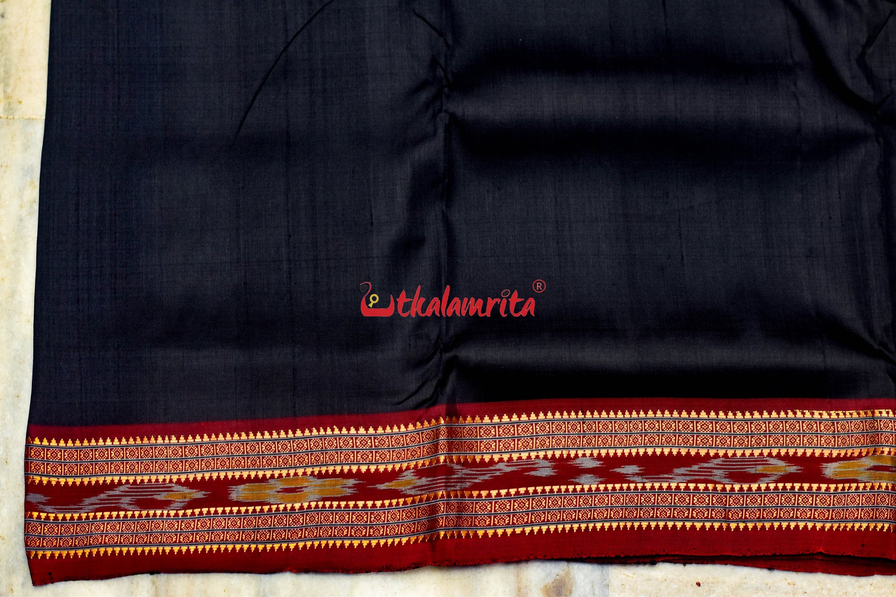 Black with Maroon Border Khandua Silk (Fabric)