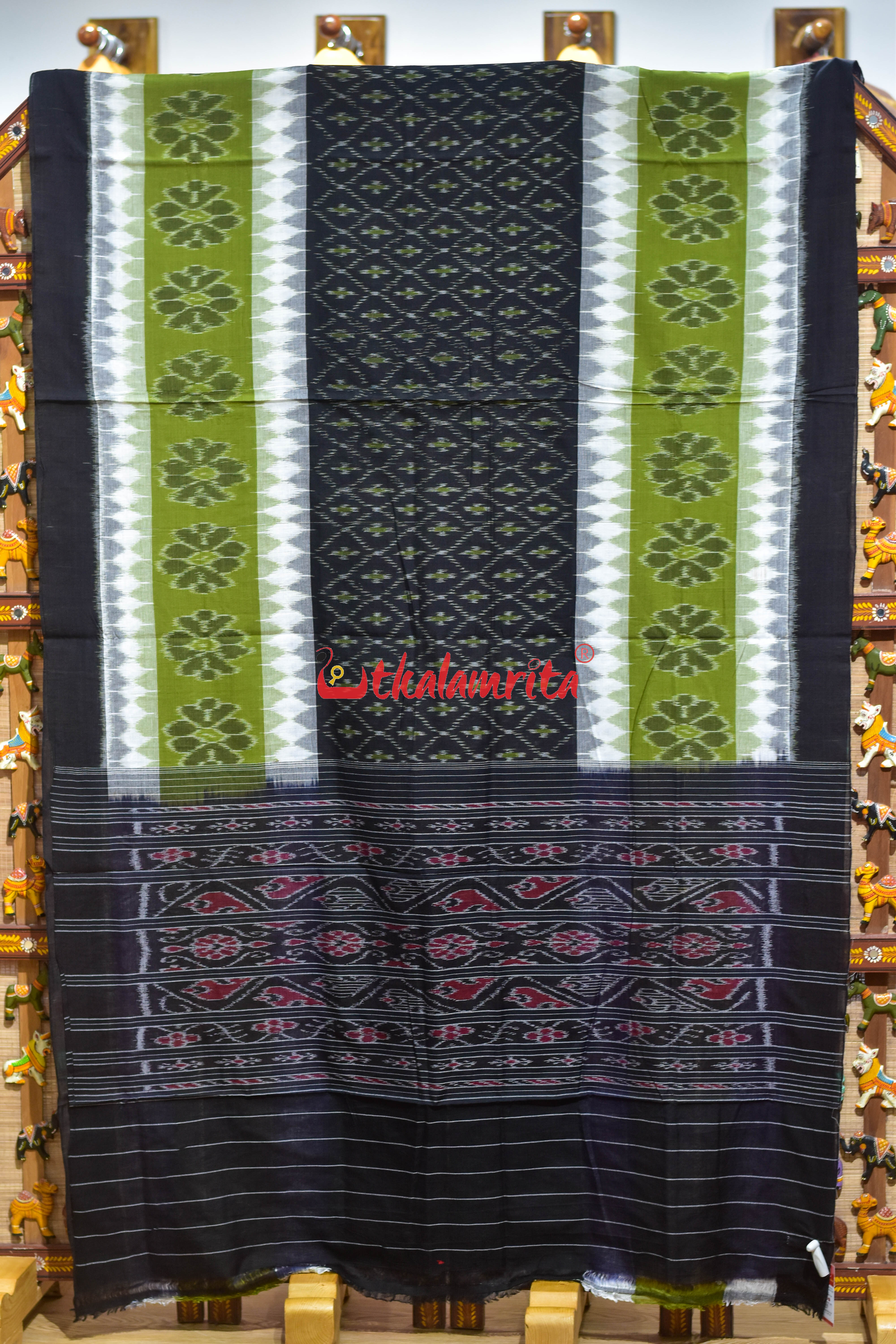 Green with 7D Black Body Bandha Khandua Cotton Saree