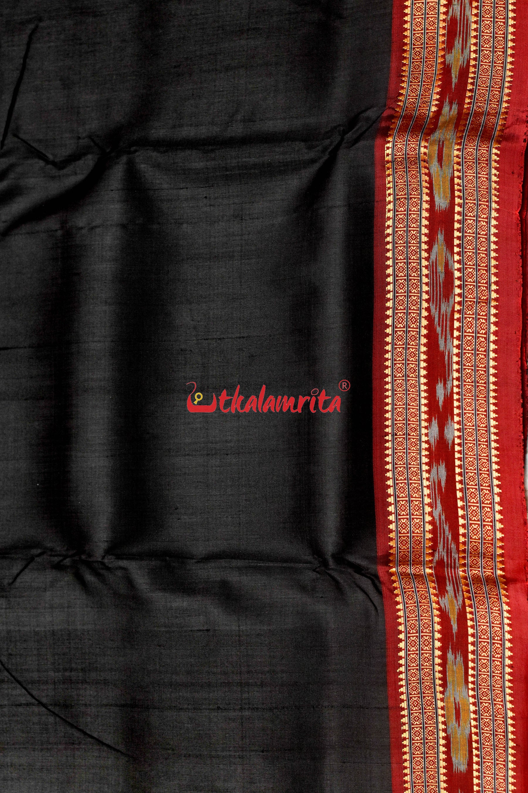 Black with Maroon Border Khandua Silk (Fabric)