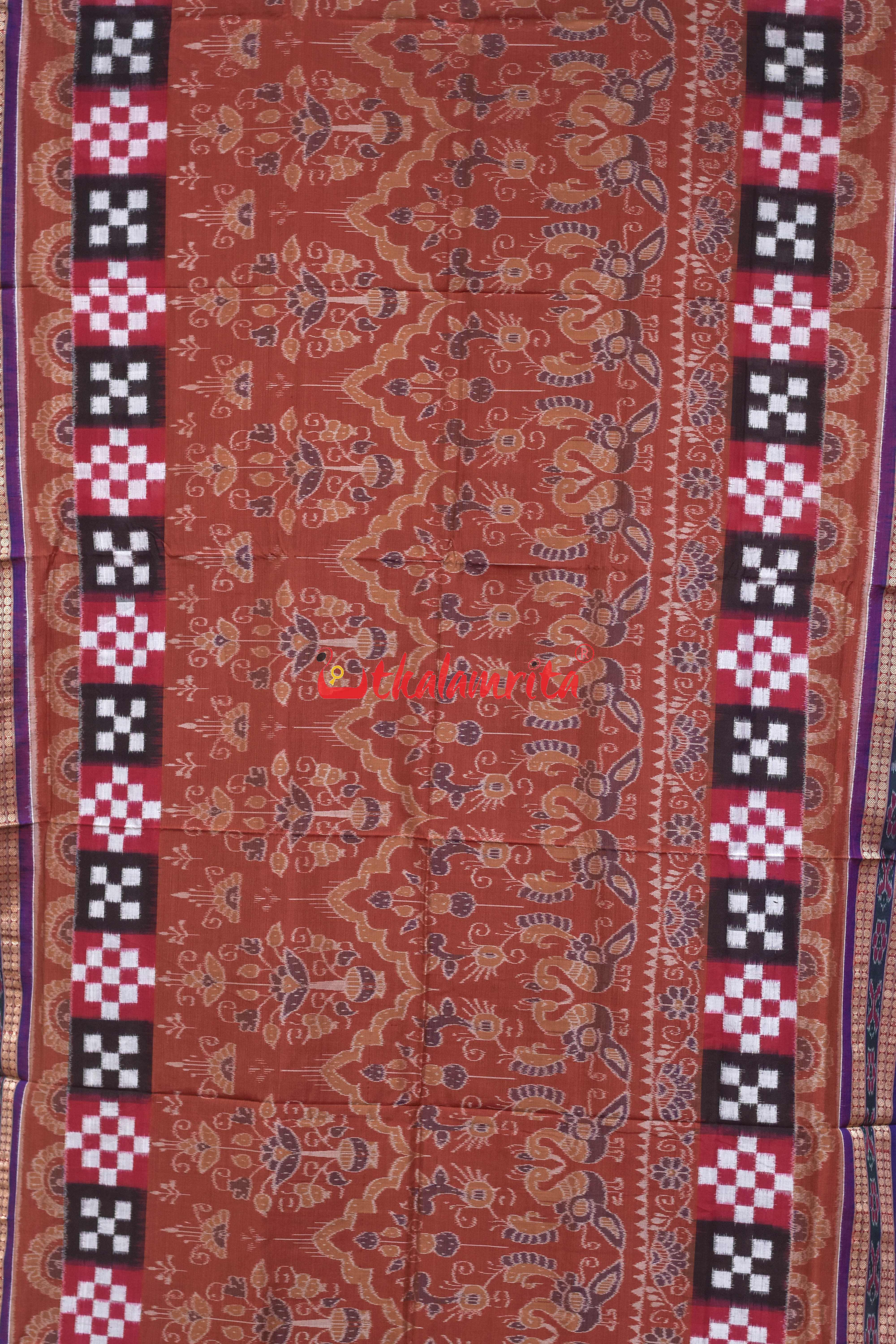 Brown Peacock Pasapali Scot Border Cotton Saree