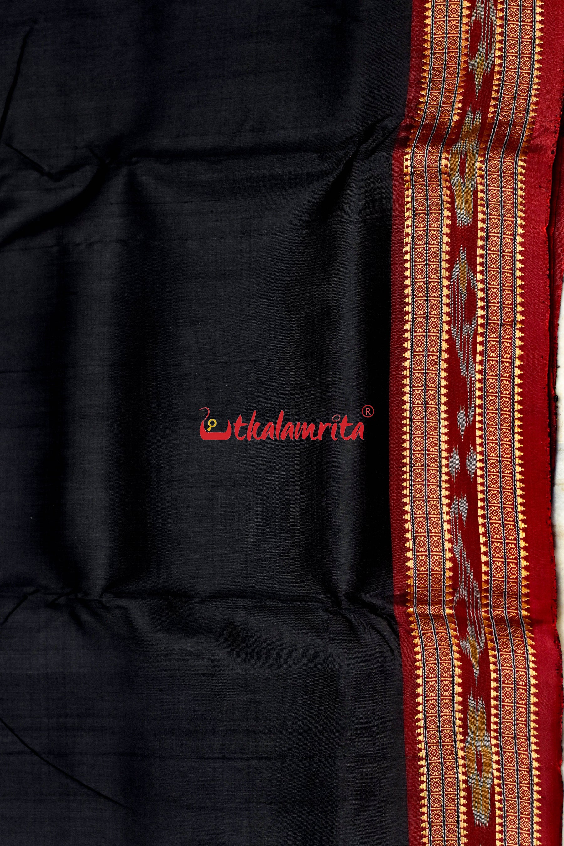 Black with Maroon Border Khandua Silk (Fabric)