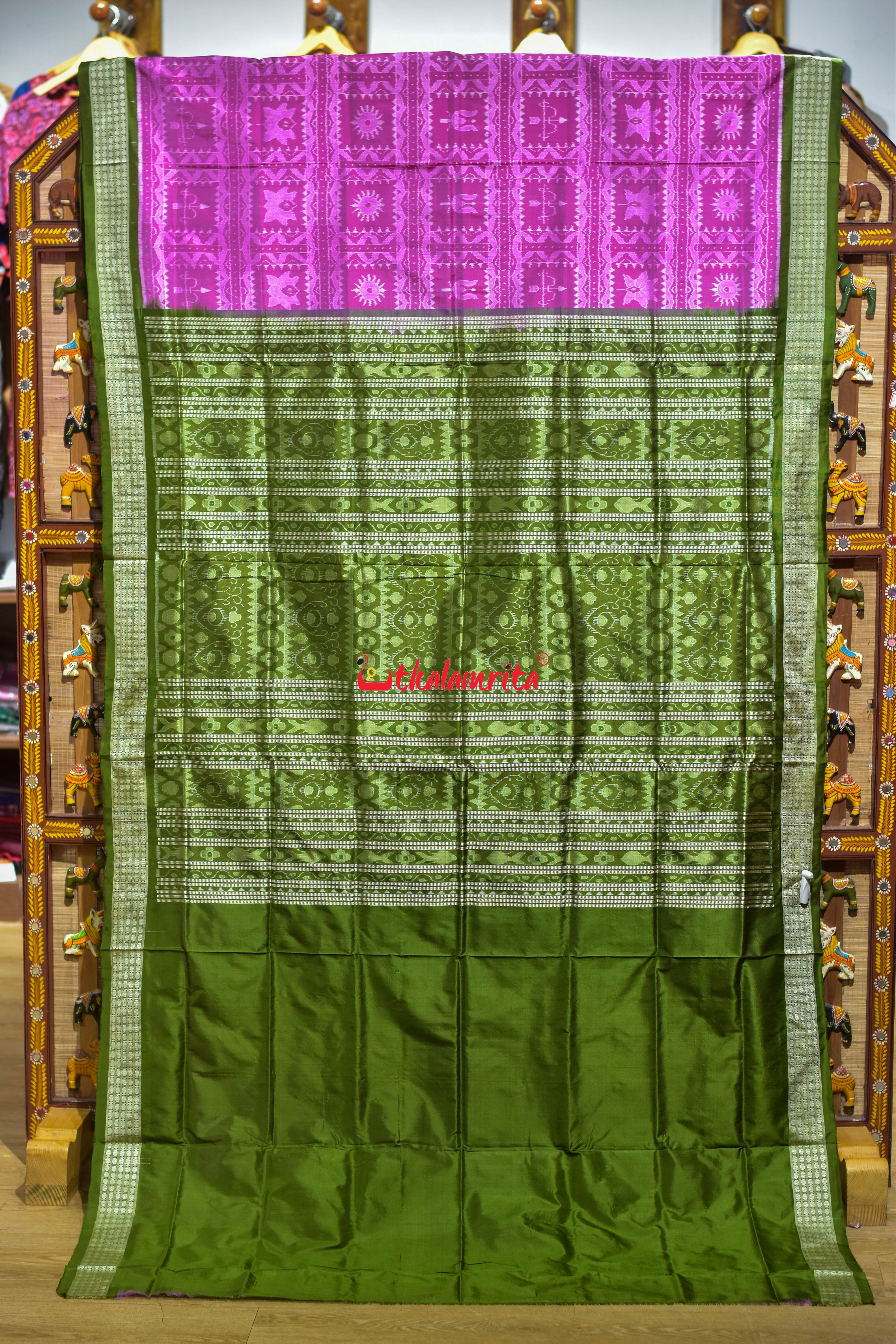 Asta Durga Padma Pink Mehndi Sambalpuri Silk Saree
