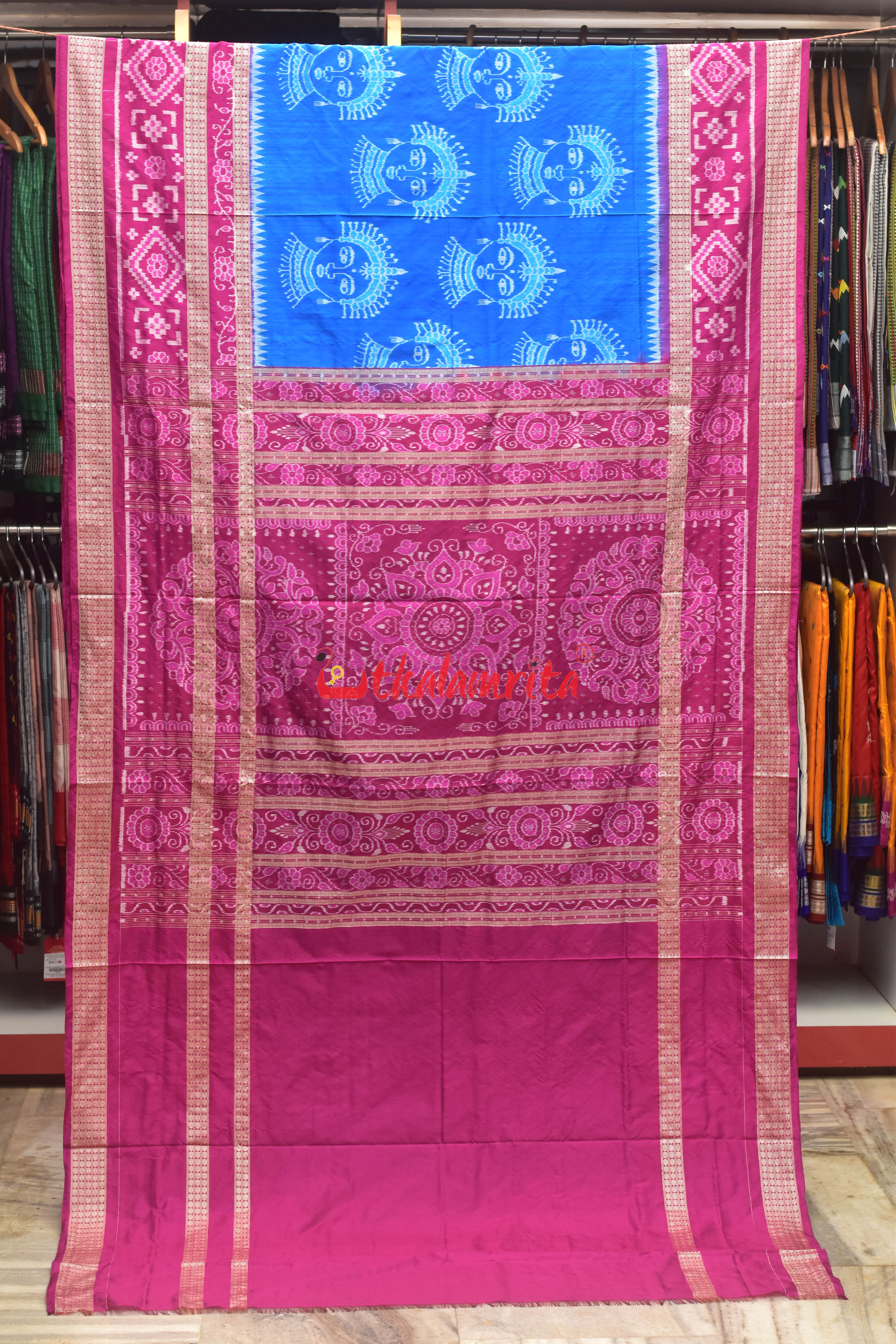 Blue Double Border Odishi Face Sambalpuri Silk Saree