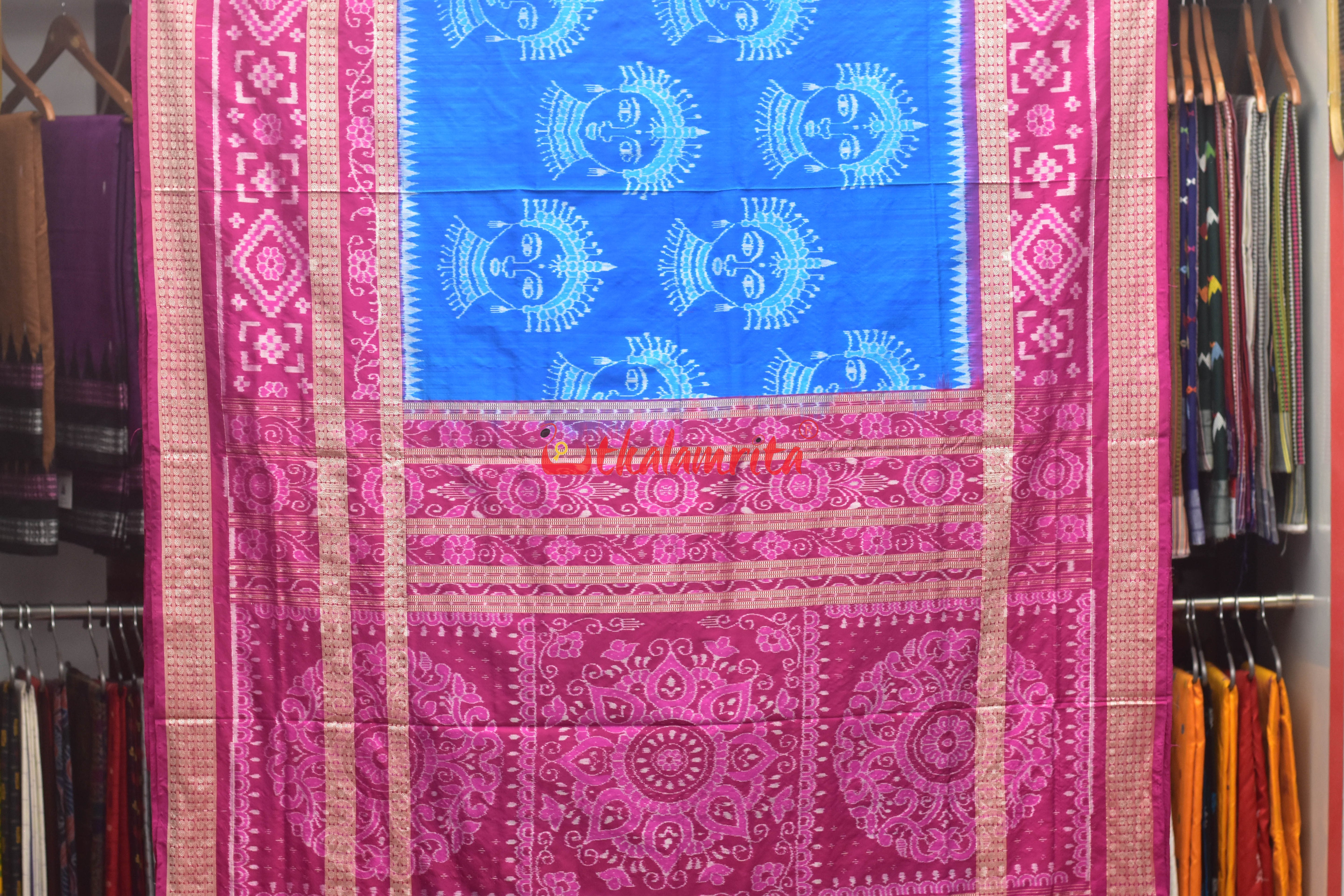 Blue Double Border Odishi Face Sambalpuri Silk Saree