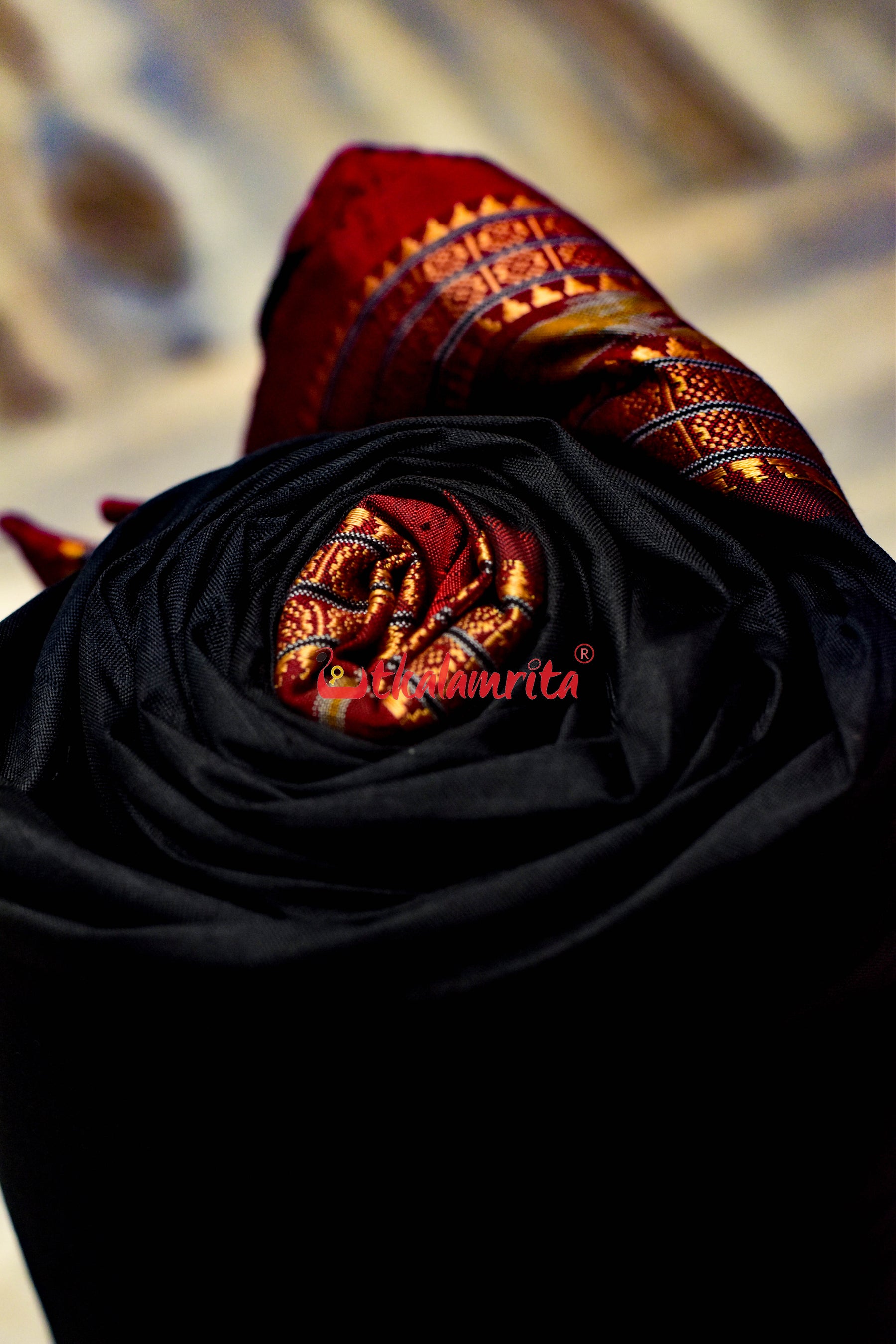 Black with Maroon Border Khandua Silk (Fabric)