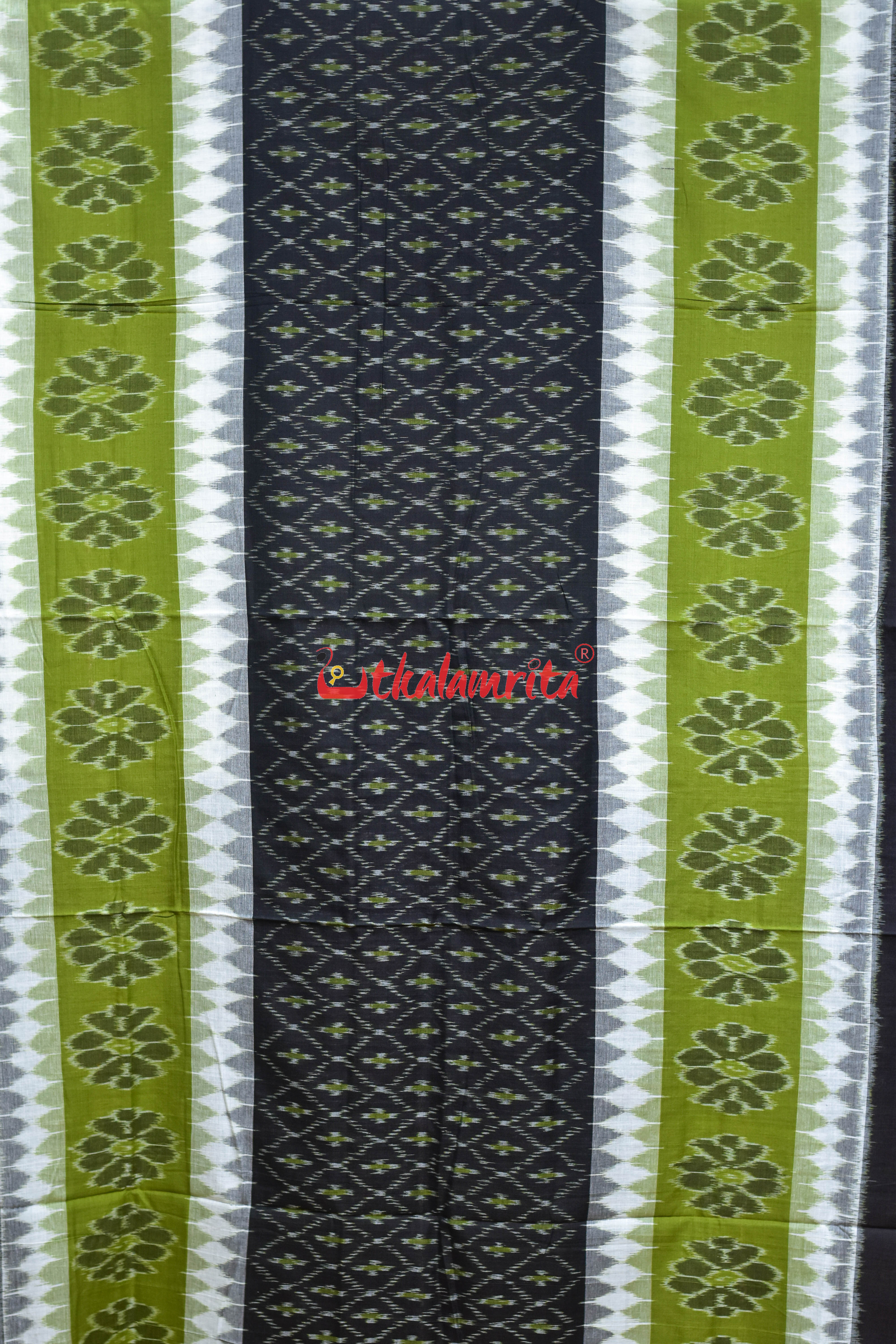 Green with 7D Black Body Bandha Khandua Cotton Saree