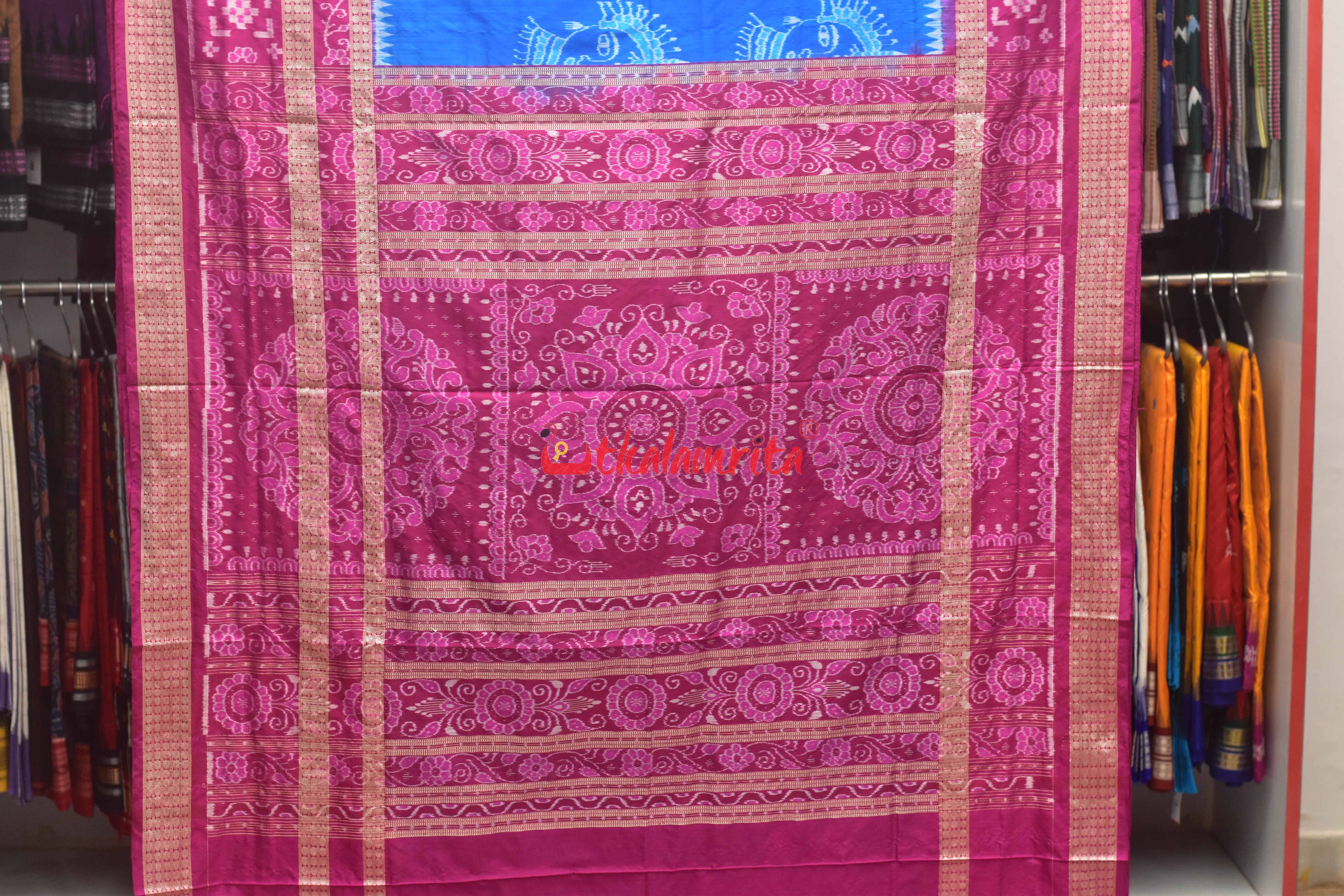 Blue Double Border Odishi Face Sambalpuri Silk Saree