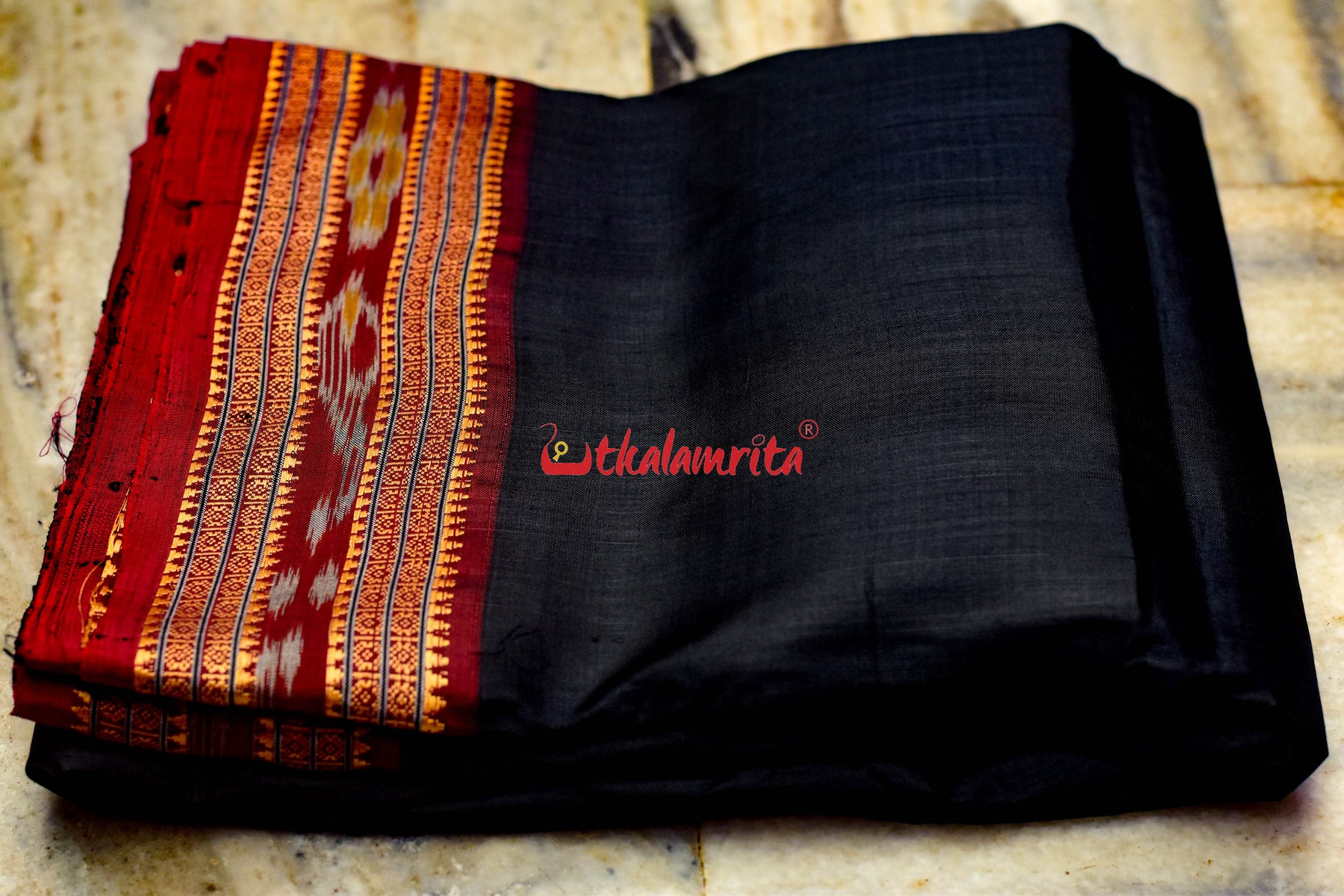 Black with Maroon Border Khandua Silk (Fabric)