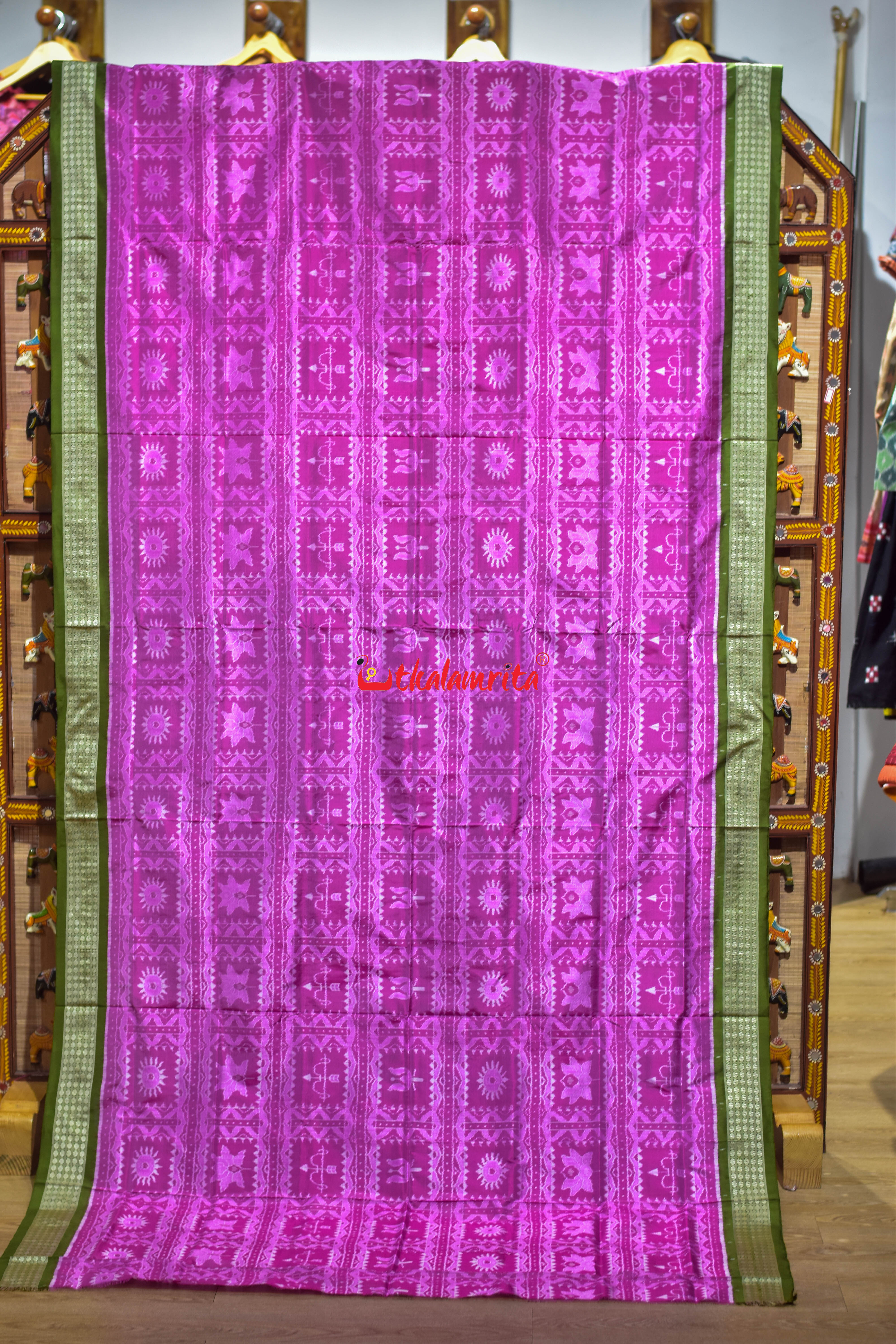 Asta Durga Padma Pink Mehndi Sambalpuri Silk Saree