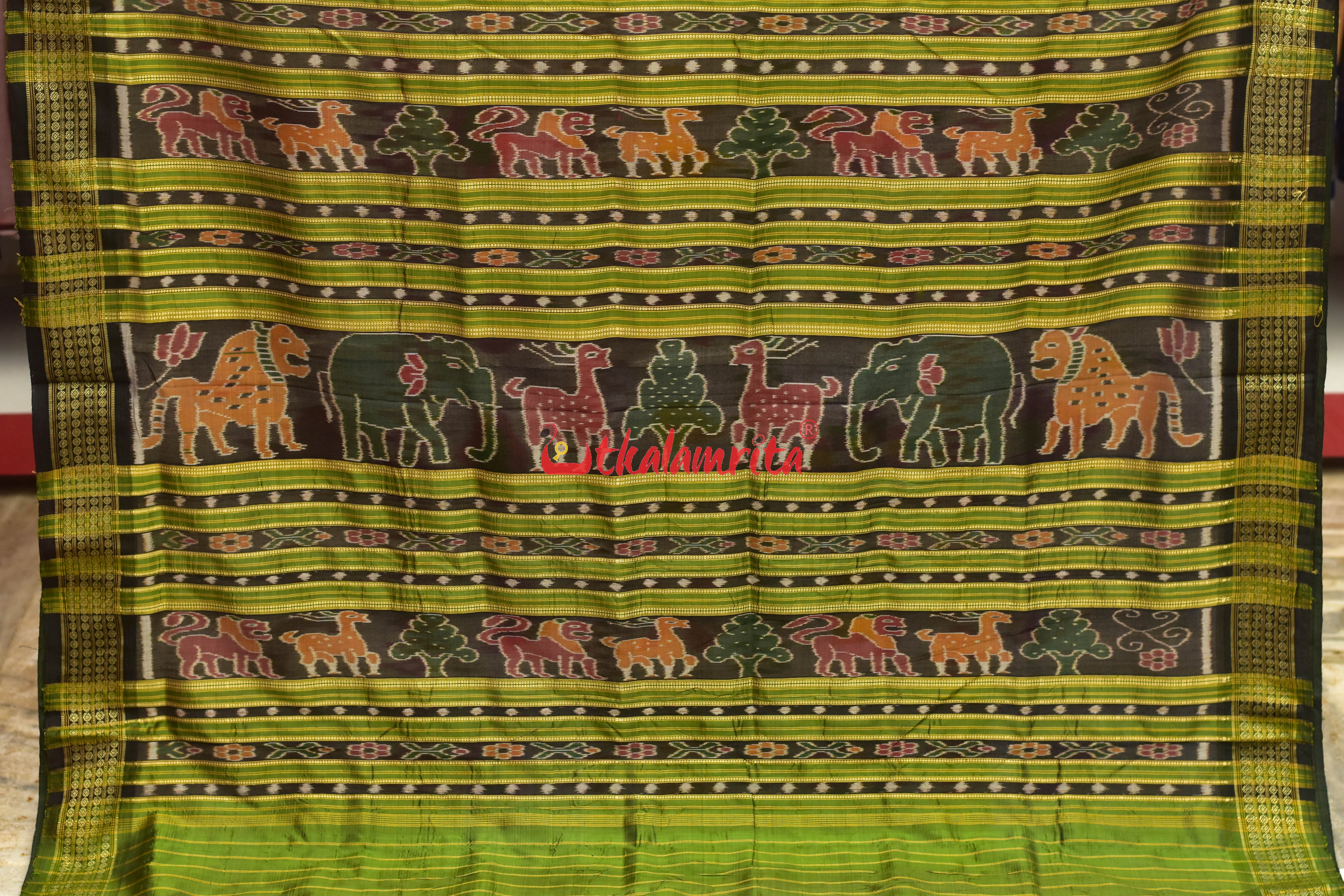 Off White Green Border Bandha Khandua Silk Saree