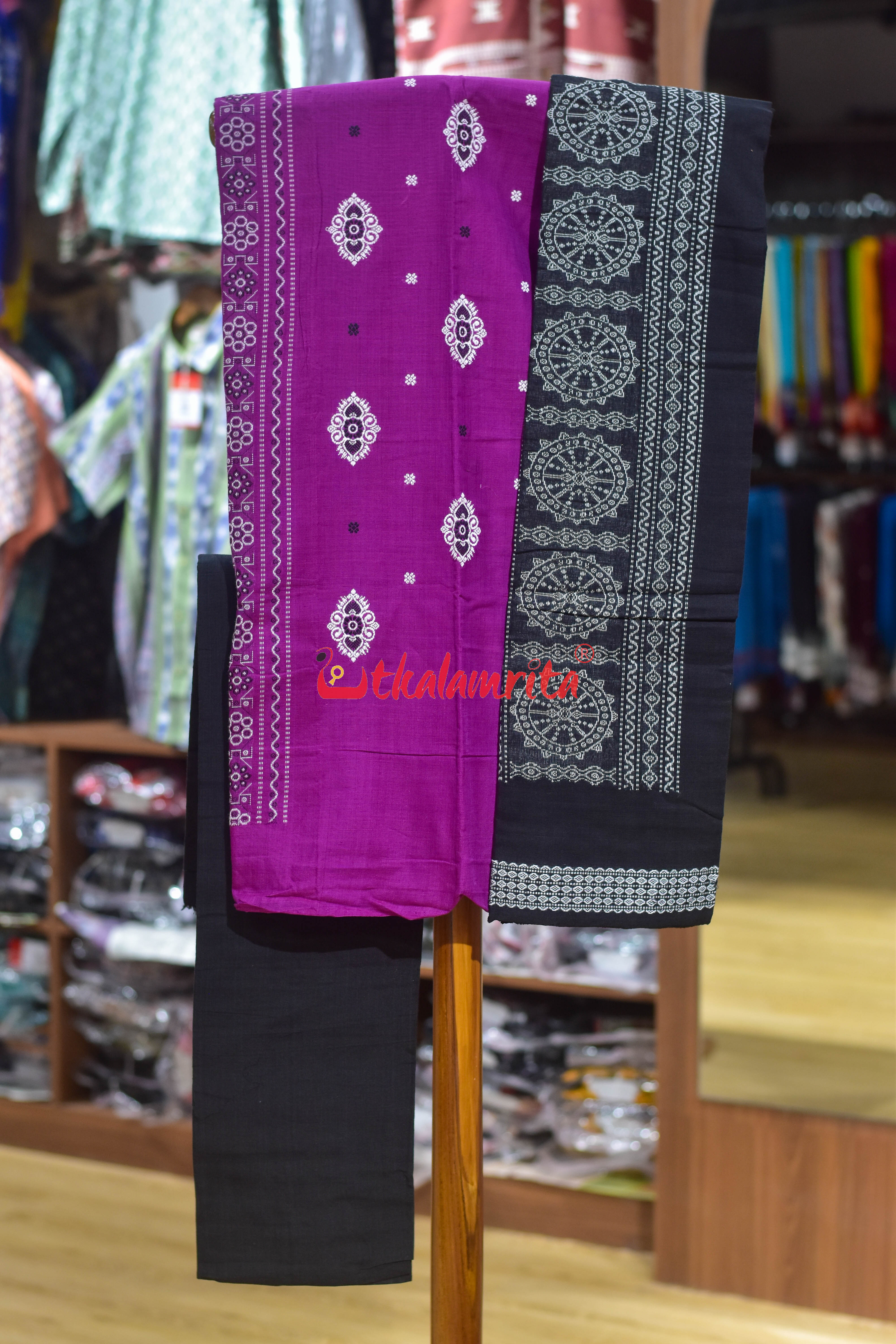 Magenta with Black Yellow Flower Bomkai Dress Set