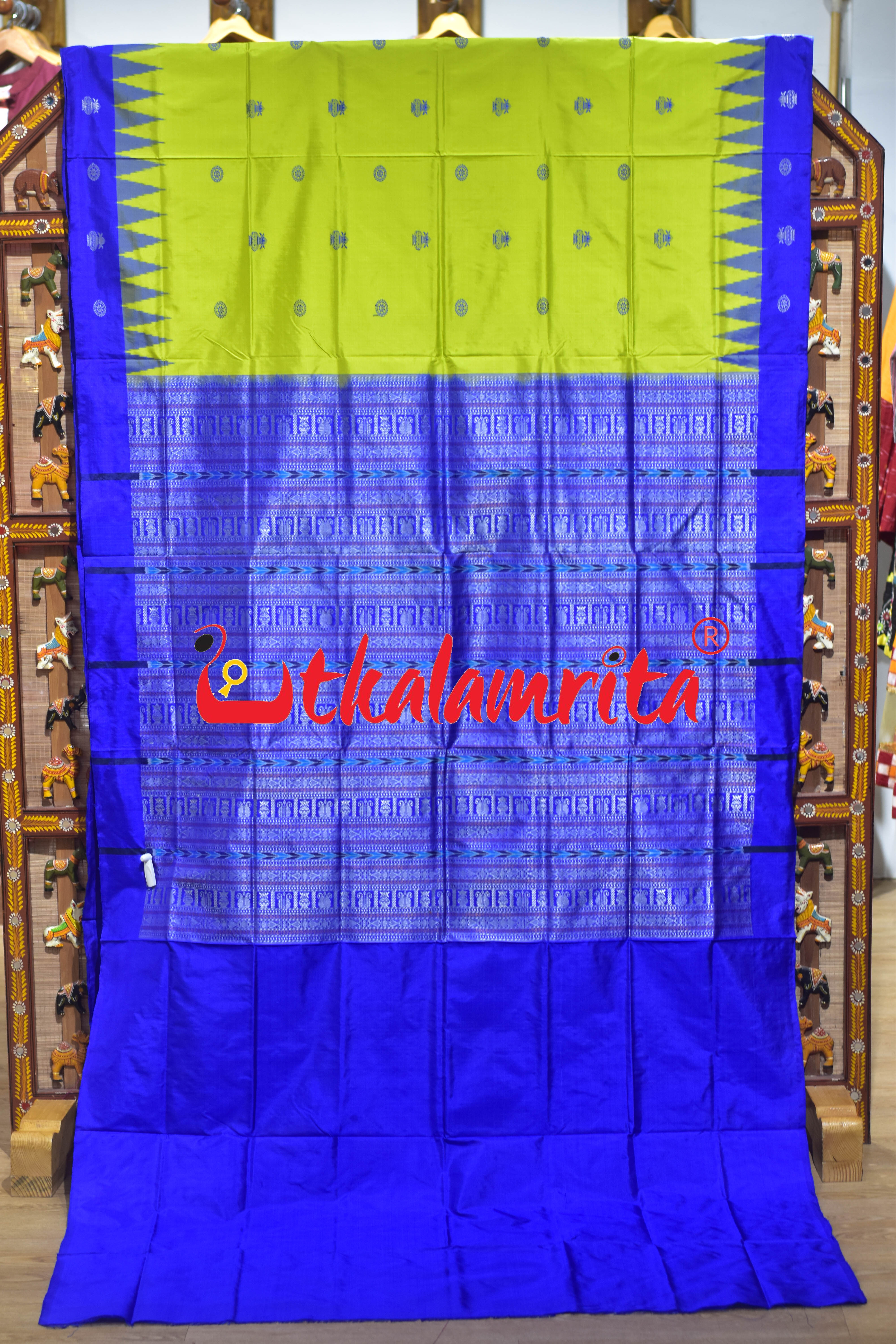 Neon Green Kalasa Blue Bomkai Silk Saree