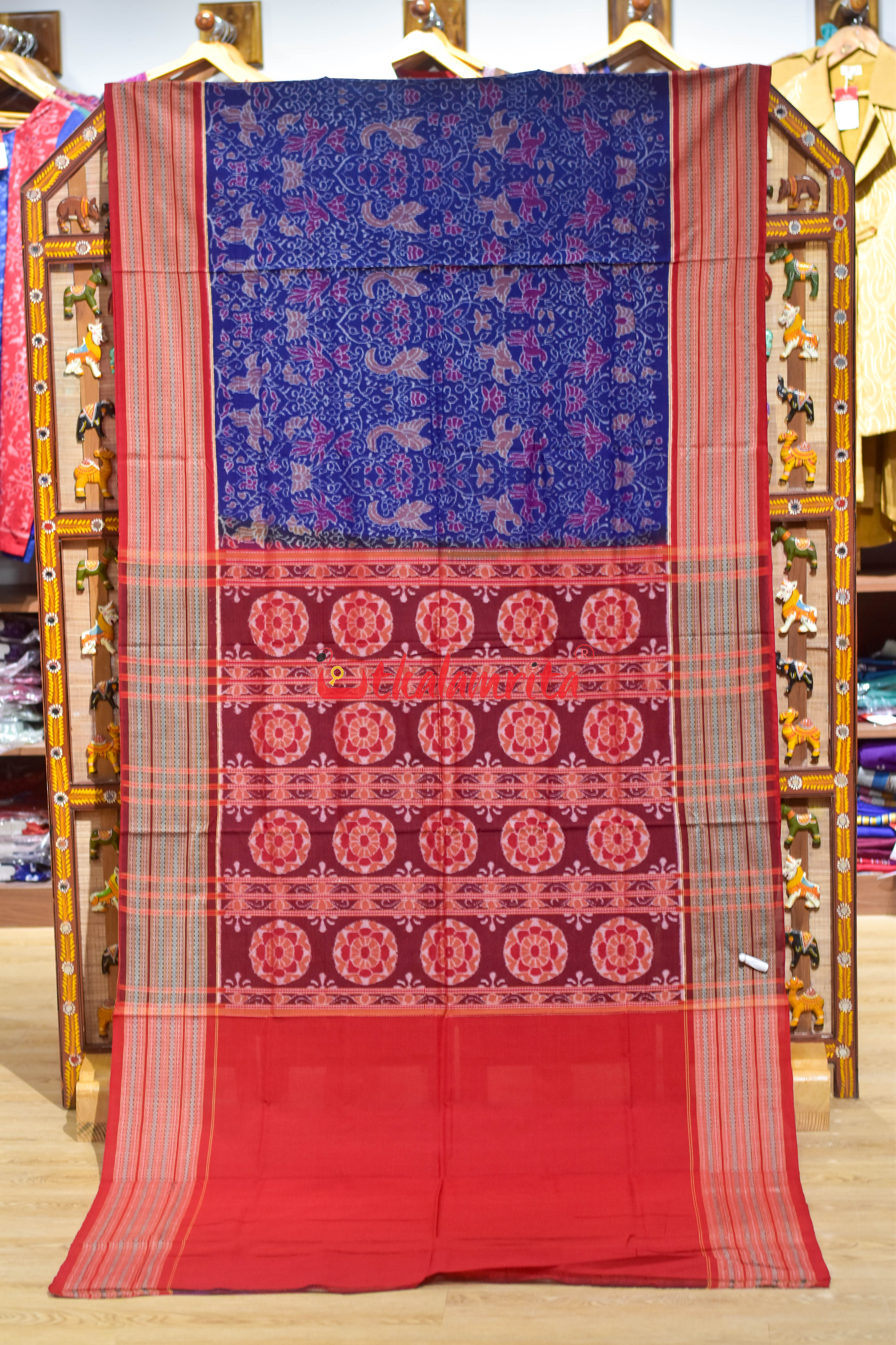 Blue Jungel Wide Border Sambalpuri Cotton Saree
