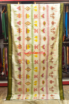 Off White Green Border Bandha Khandua Silk Saree