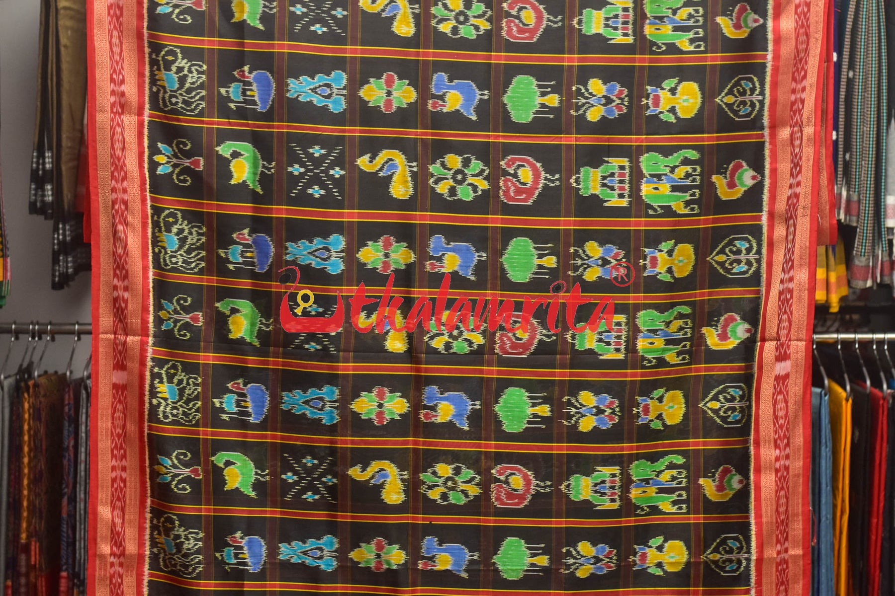 Black Nabarangi Butterfly and Tree Khandua Silk Saree