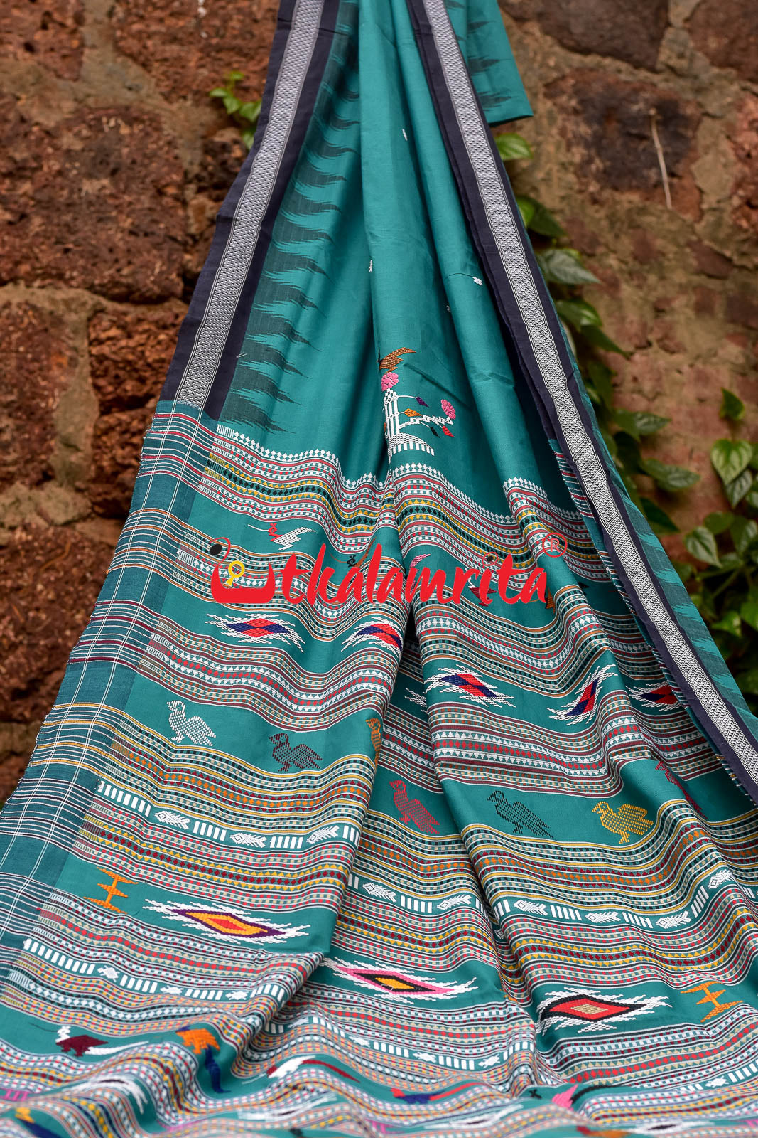 Fern Green Black Border Original Ganjam Bomkai Saree