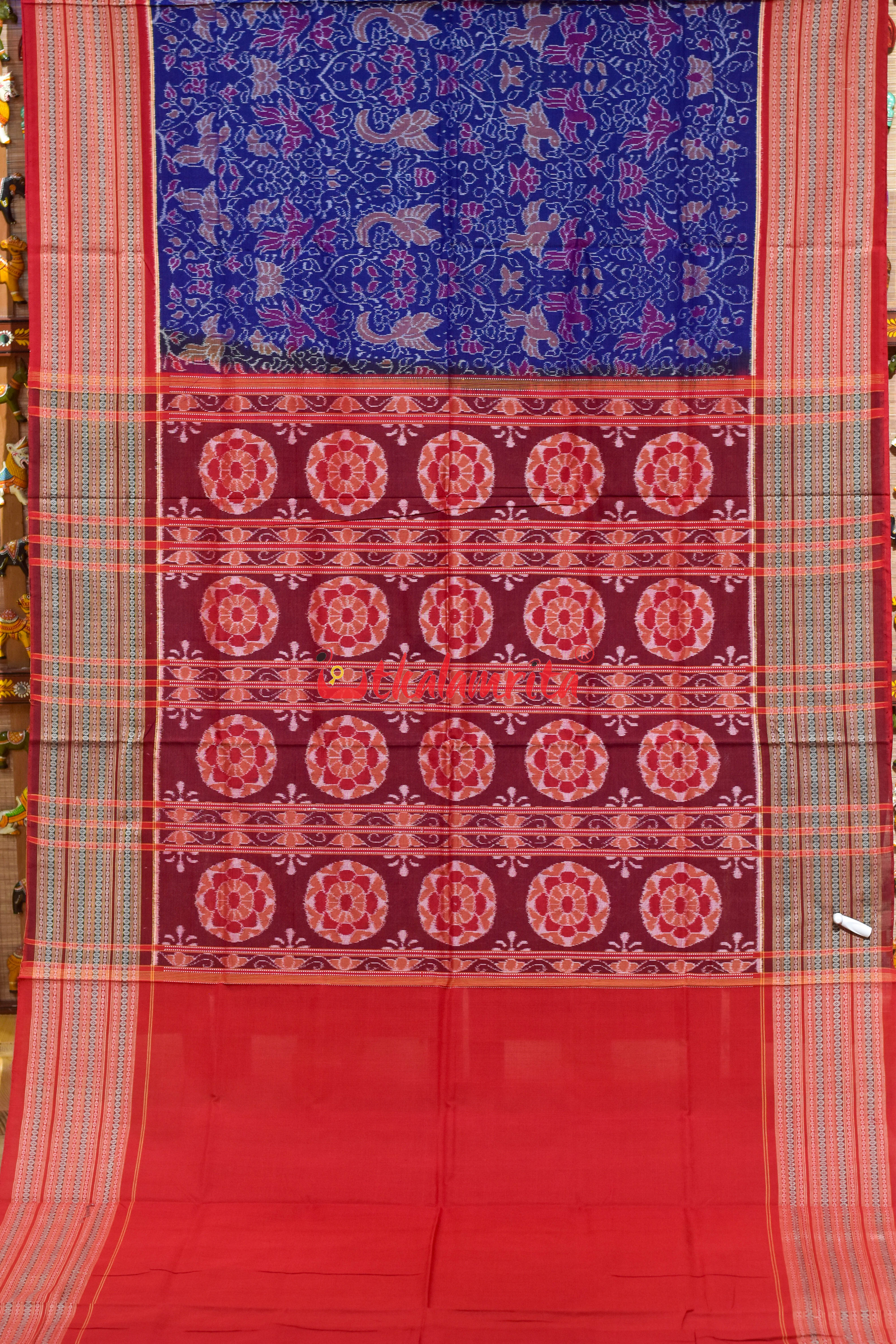 Blue Jungel Wide Border Sambalpuri Cotton Saree