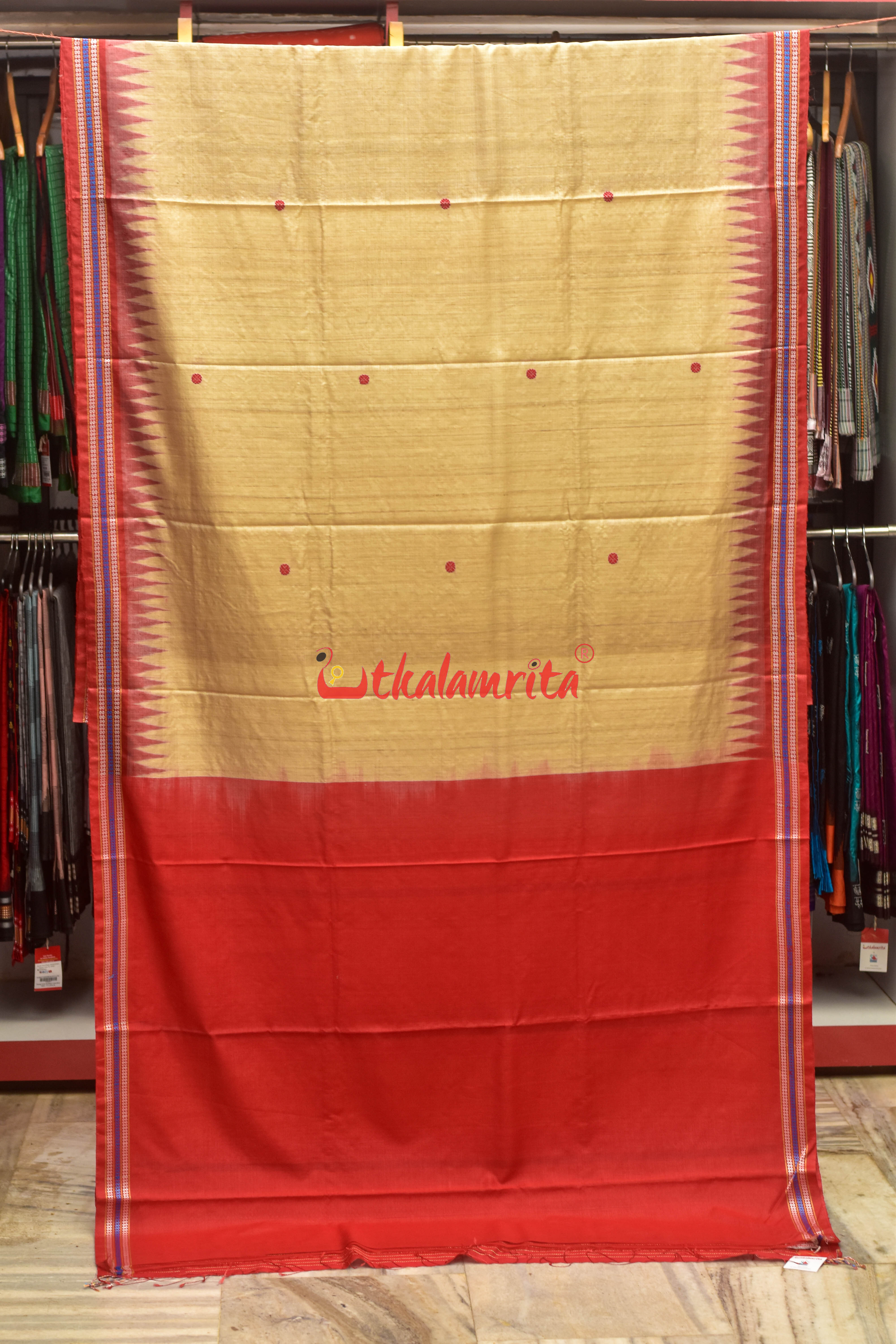 Natural Red Rudraksha Border Jaala Anchal Tussar Saree