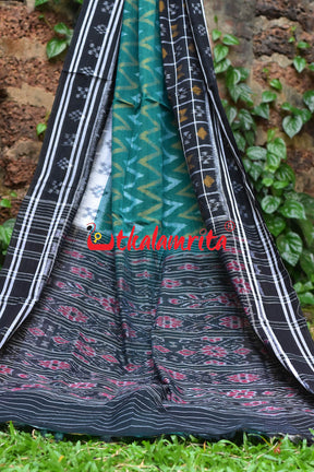 White Green Waves Black Khandua Cotton Saree