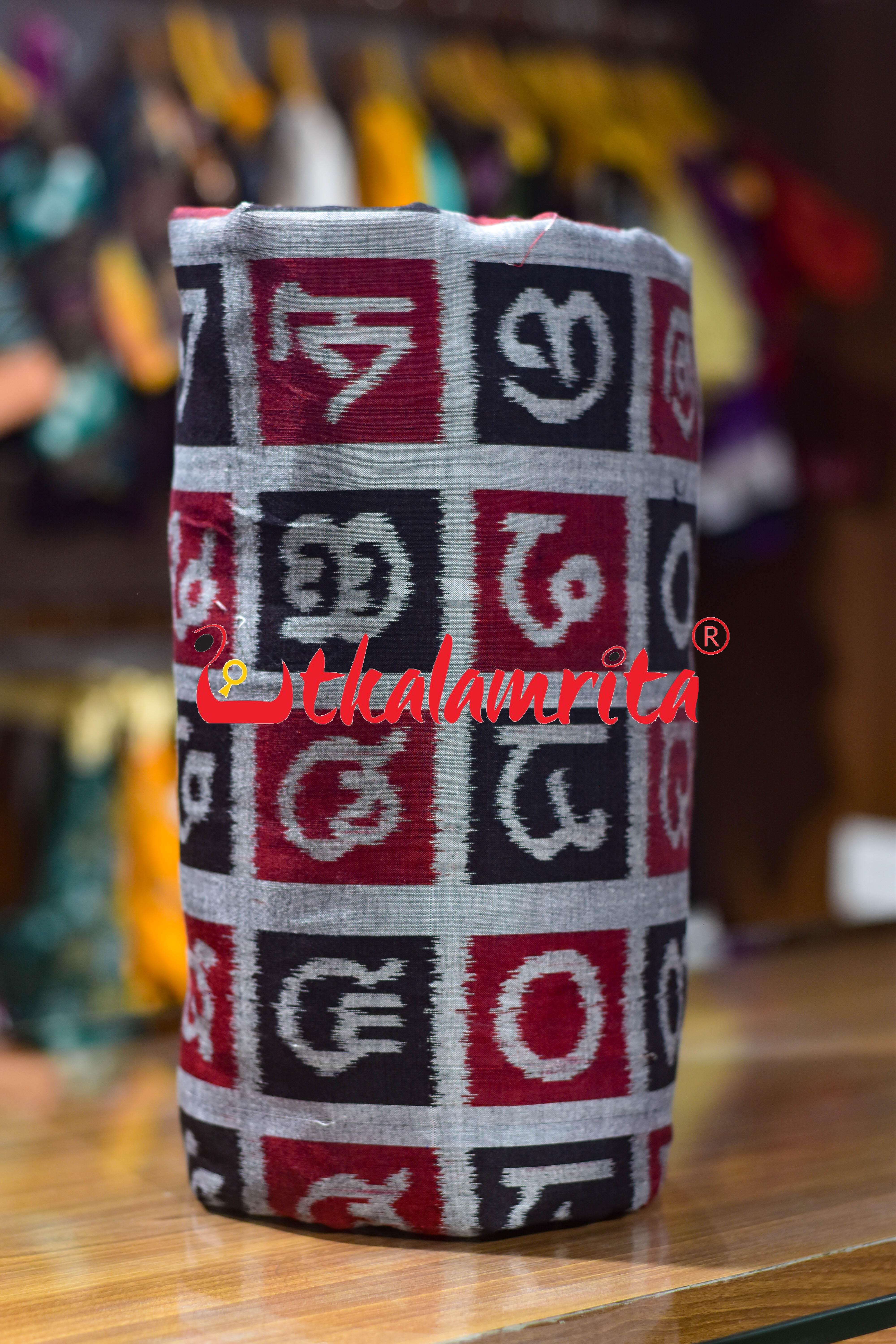 Black Silver Odia Alphabets Sambalpuri Cotton (Fabric)