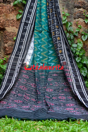 White Green Waves Black Khandua Cotton Saree