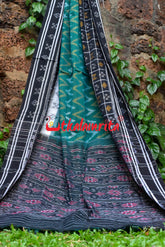 White Green Waves Black Khandua Cotton Saree