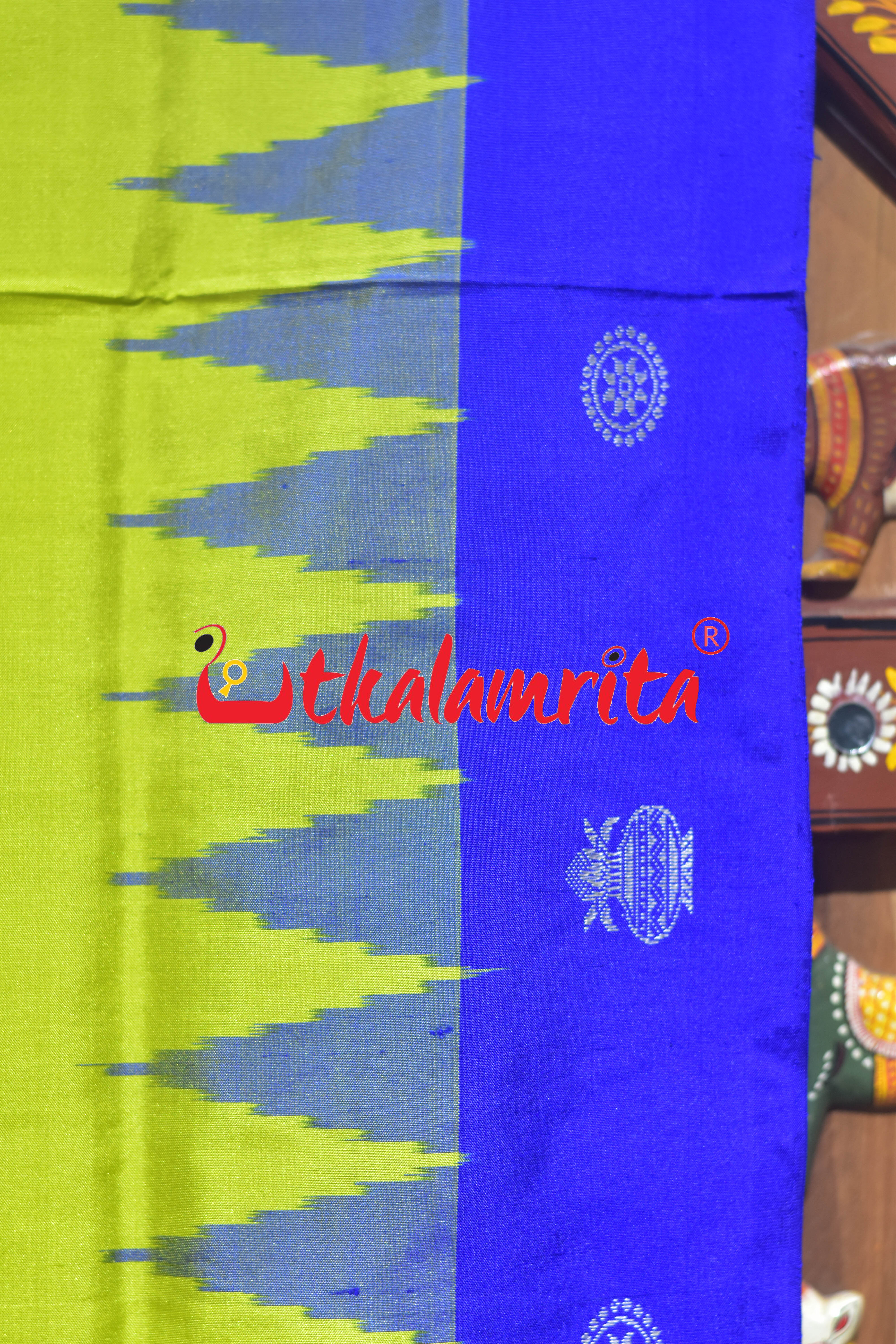 Neon Green Kalasa Blue Bomkai Silk Saree
