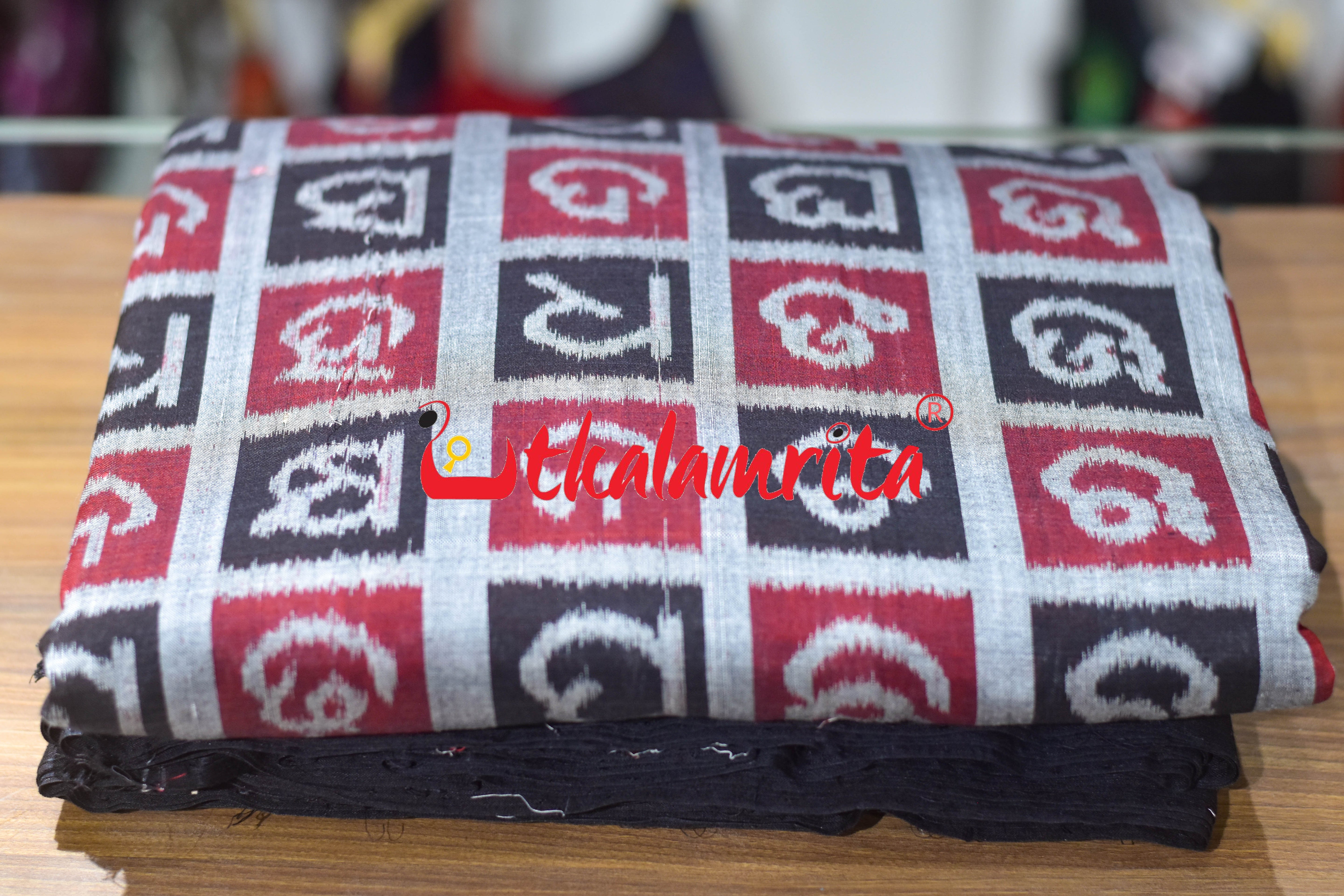 Black Silver Odia Alphabets Sambalpuri Cotton (Fabric)