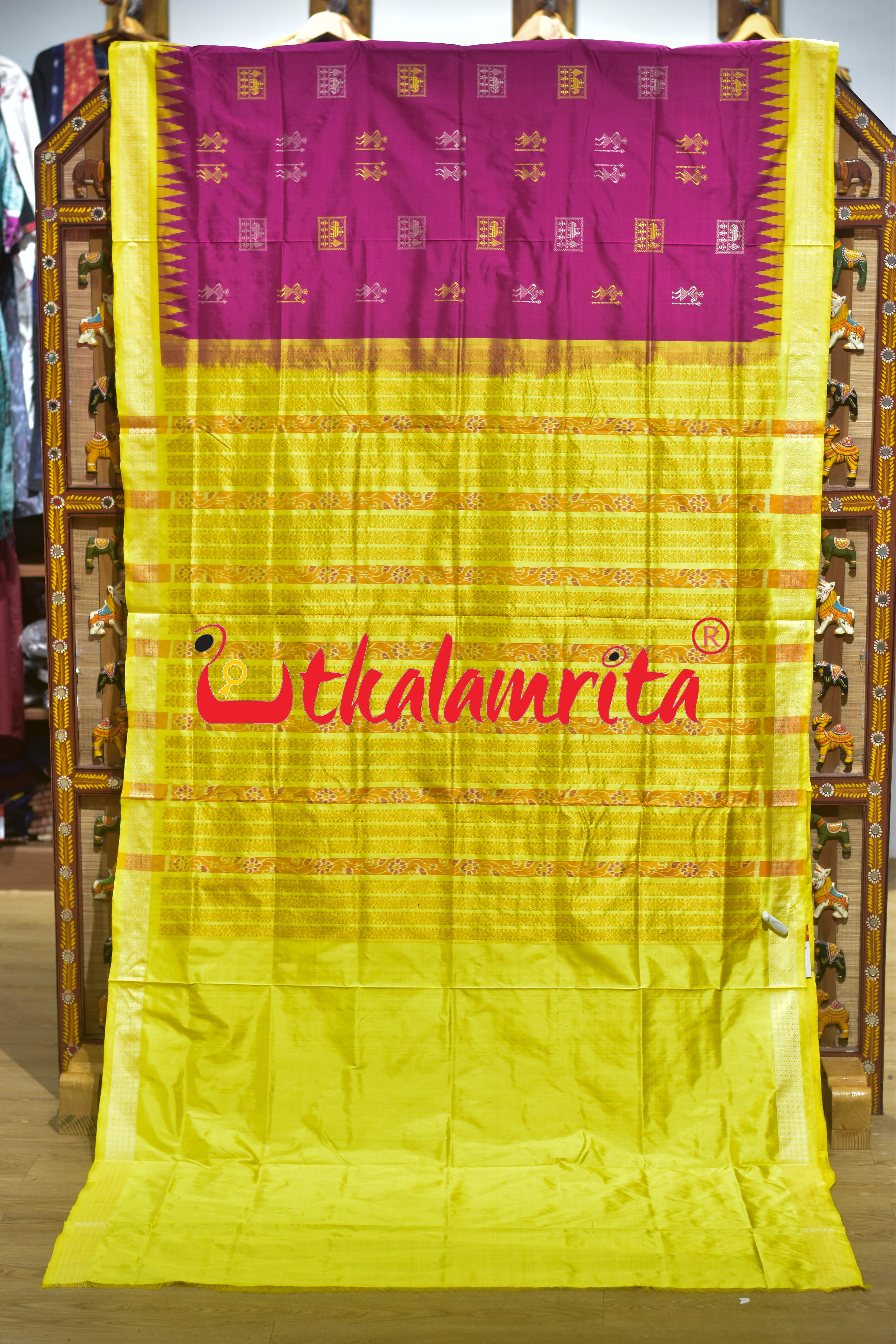 Rani Yellow Box Tribals Bomkai Silk Saree
