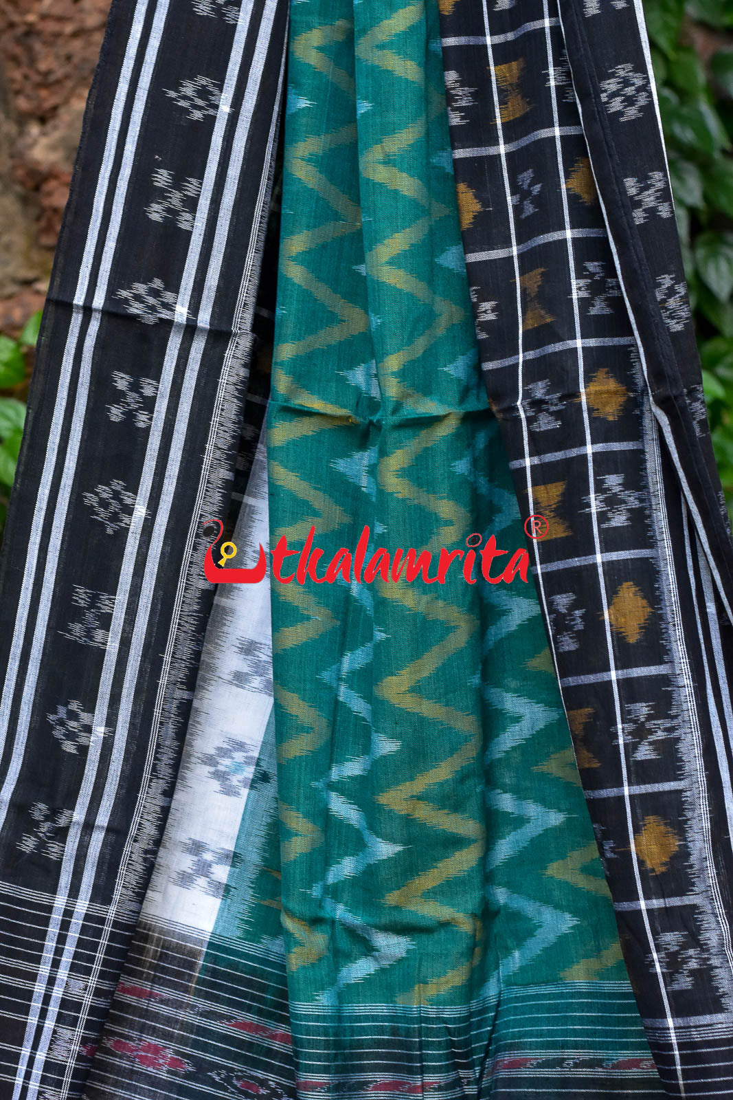 White Green Waves Black Khandua Cotton Saree