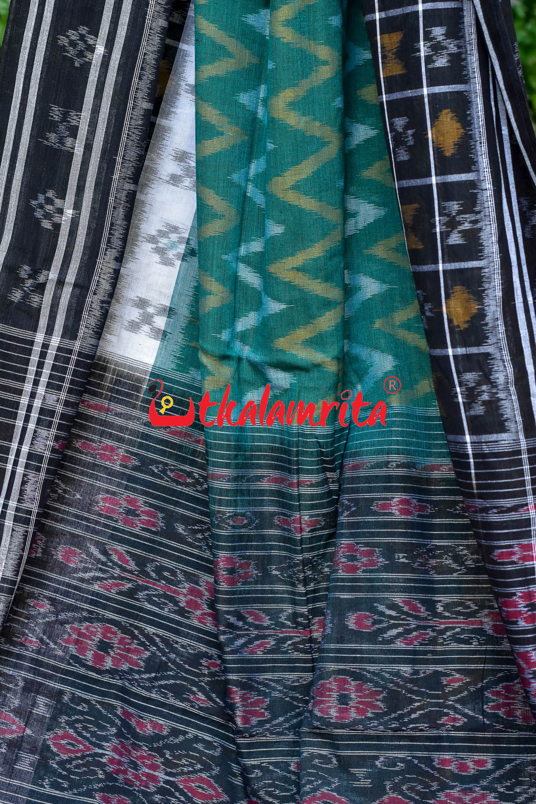 White Green Waves Black Khandua Cotton Saree