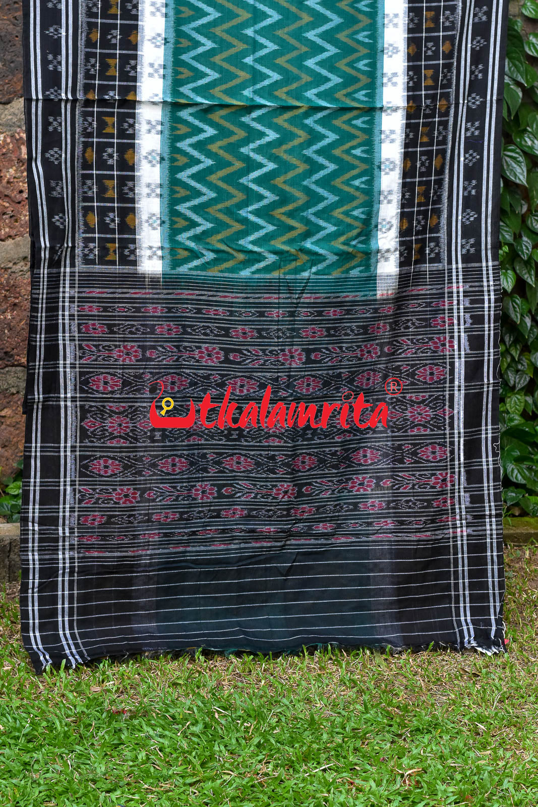 White Green Waves Black Khandua Cotton Saree