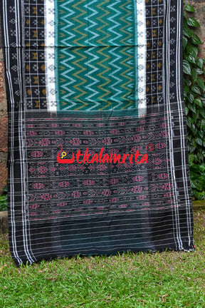 White Green Waves Black Khandua Cotton Saree