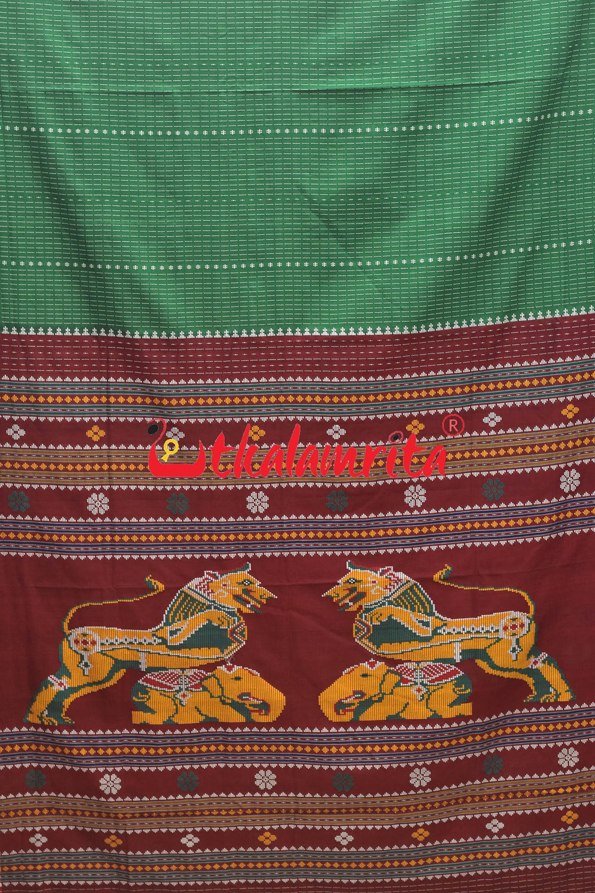 Double Gaja Singha Green Dhalapathar Cotton Saree