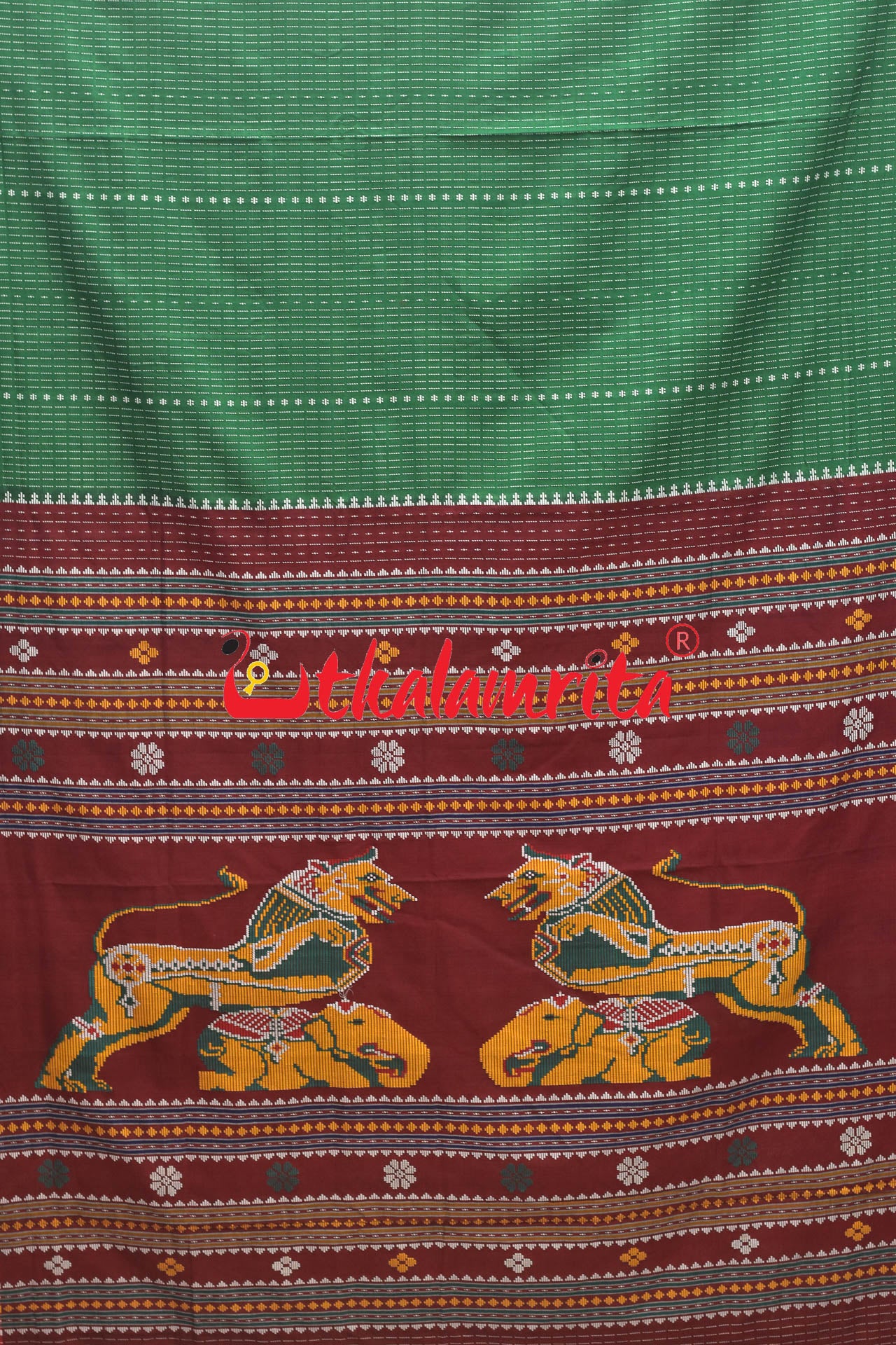 Double Gaja Singha Green Dhalapathar Cotton Saree