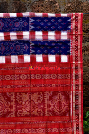 Peri Peri Bandha Pasapali Blue Red White Sambalpuri Cotton Saree