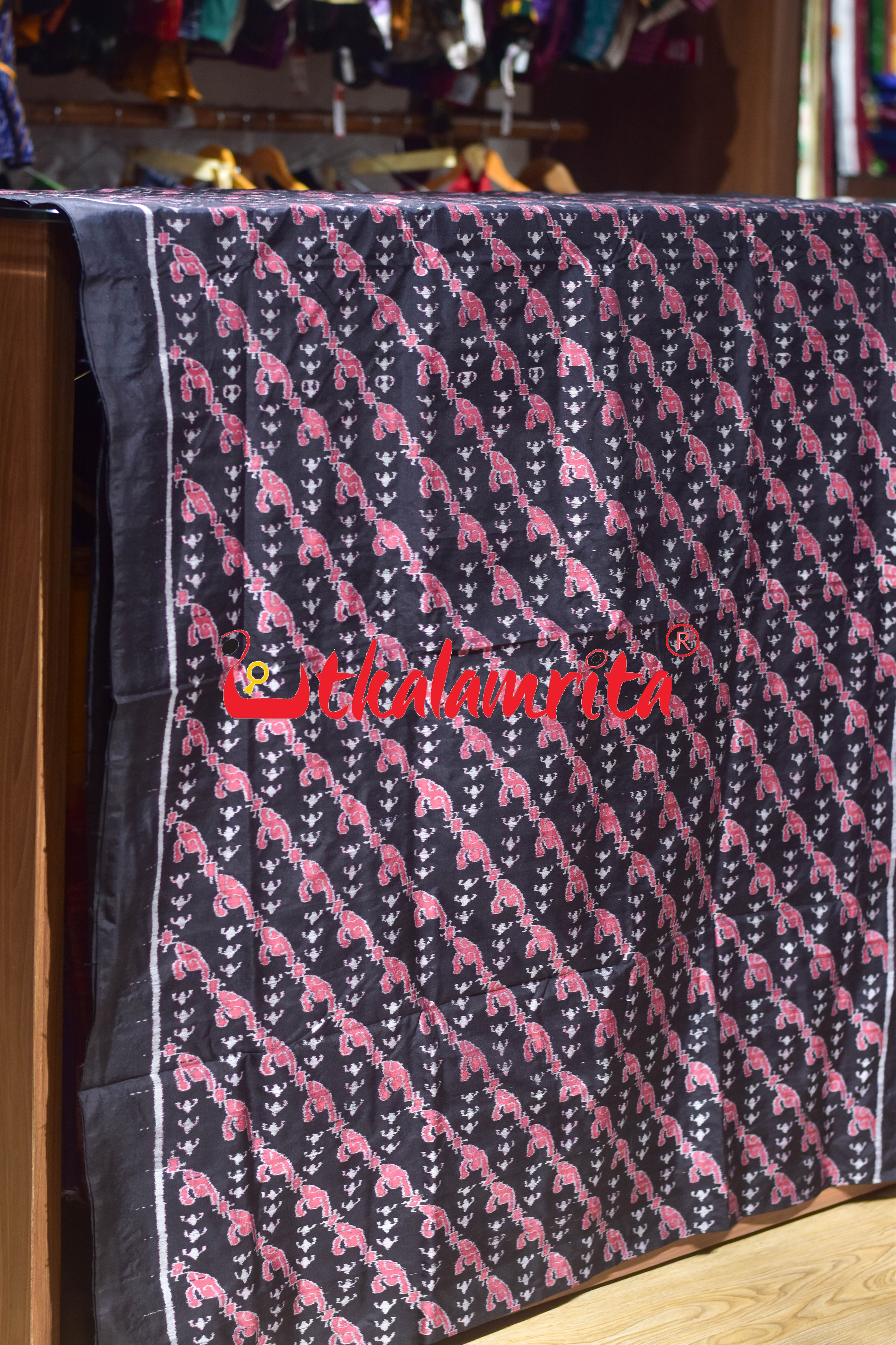Pink Blooms on Black Sambalpuri Silk (Fabric)