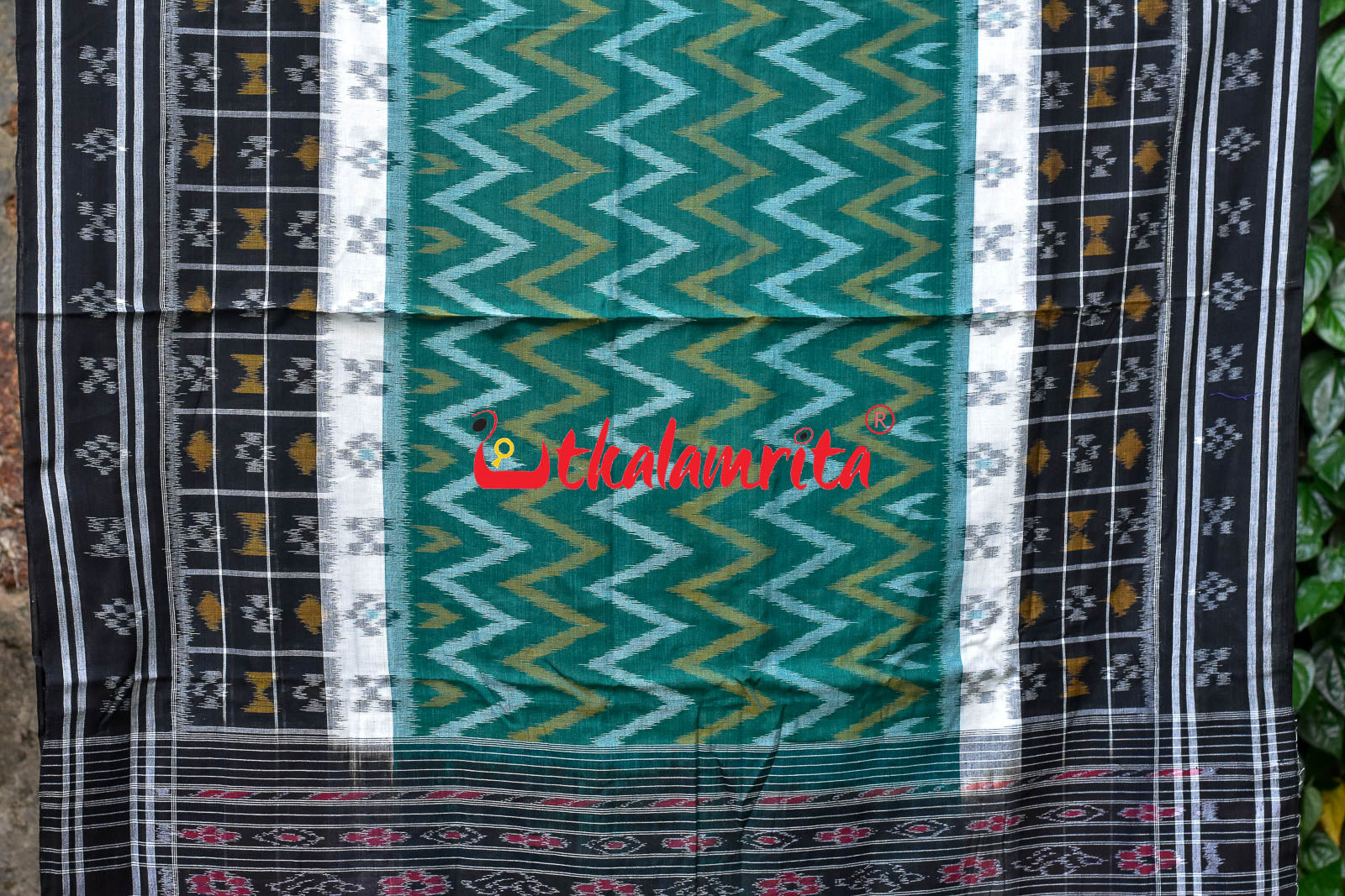 White Green Waves Black Khandua Cotton Saree