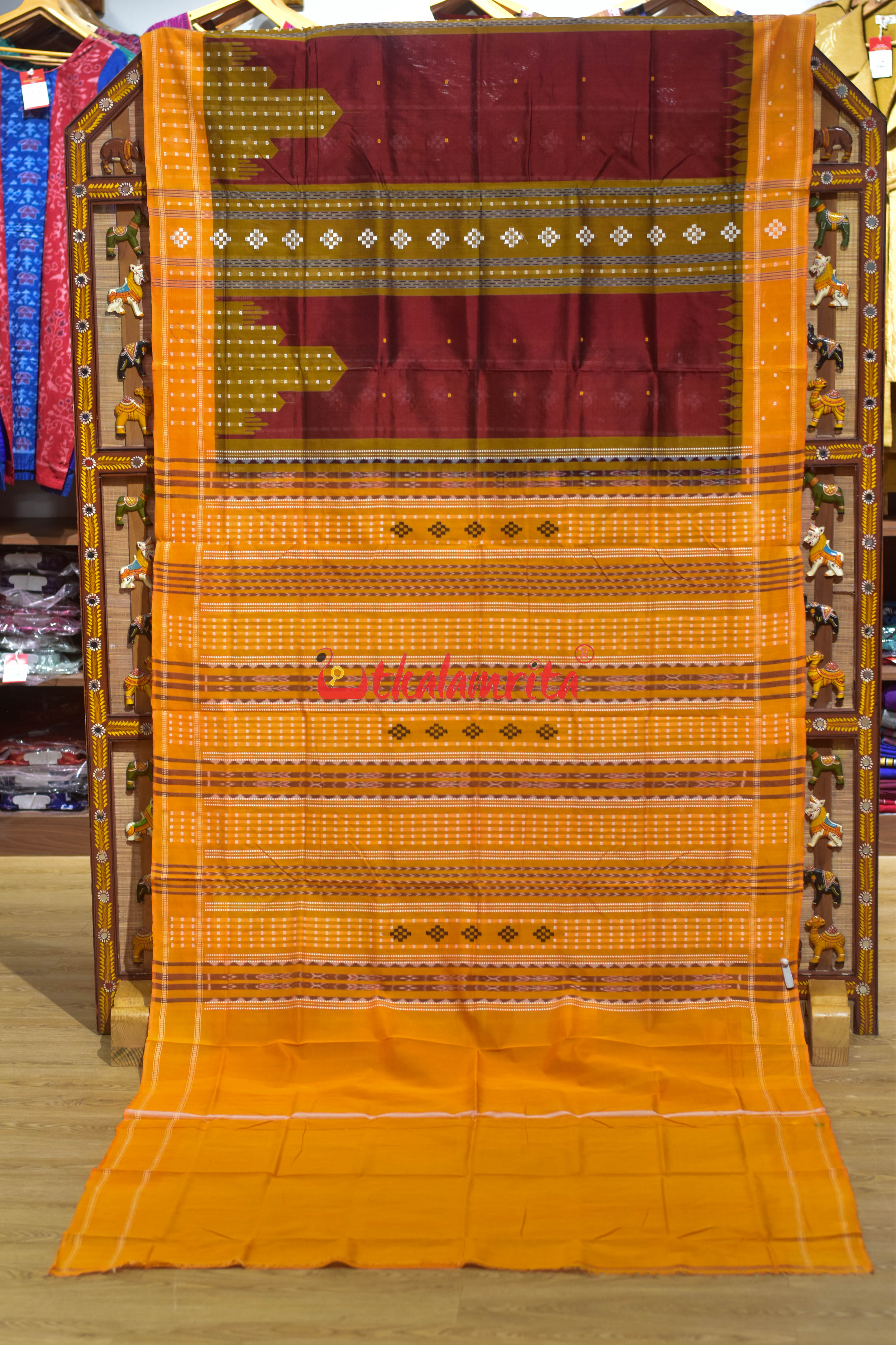 Maroon Yellow Mahal Bapta Saree
