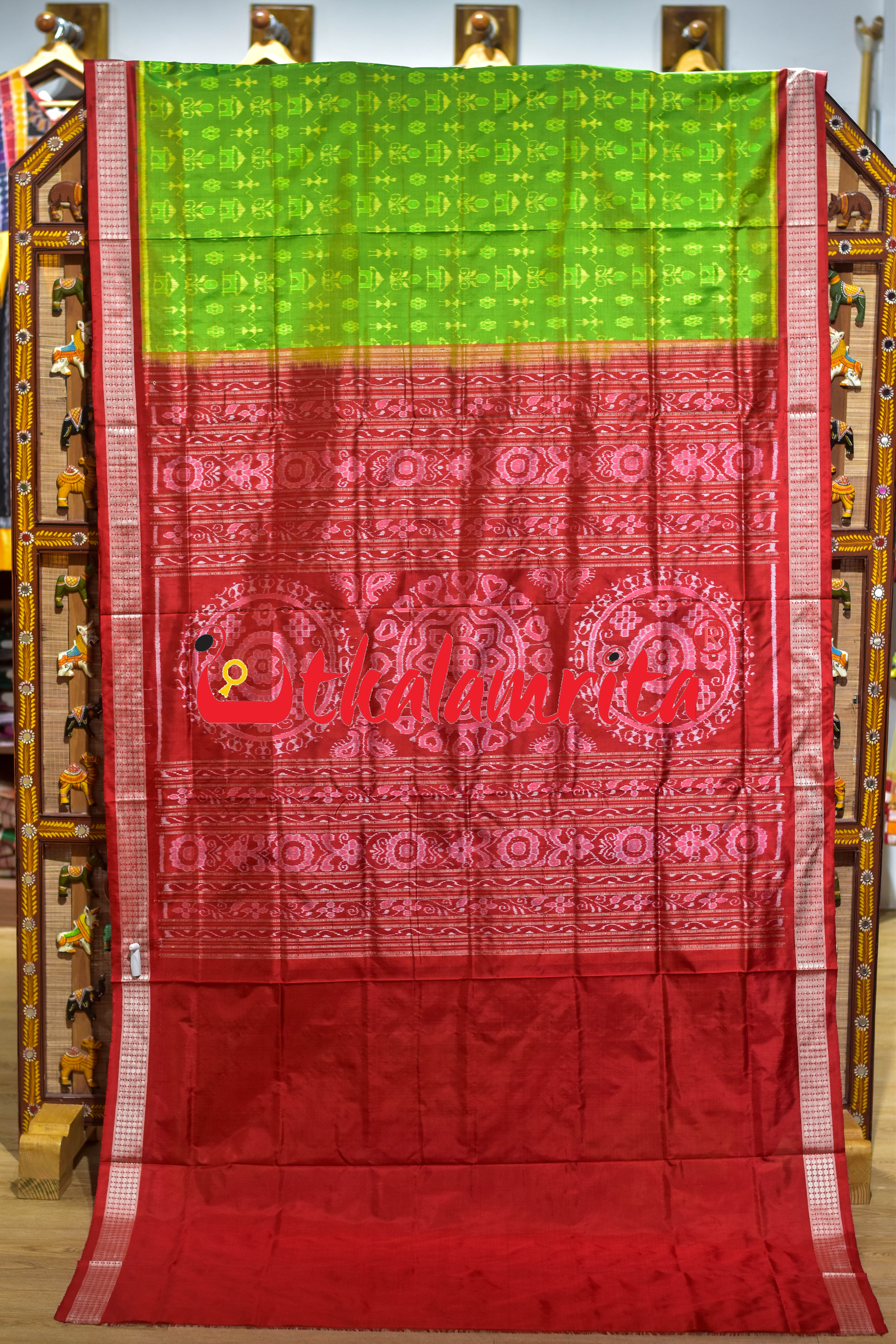 Yellow Green Red Tribal Ghara Sambalpuri Silk Saree