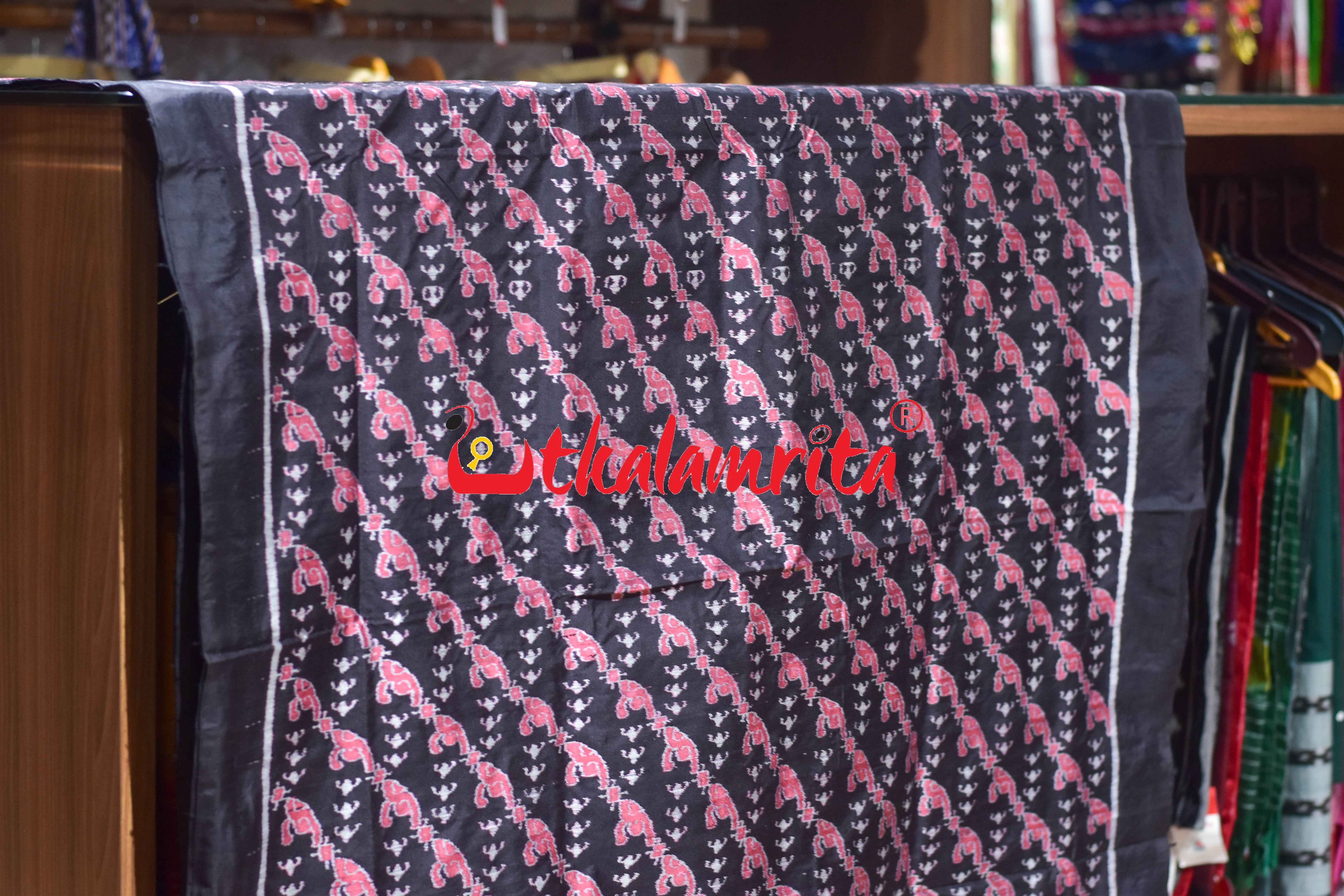 Pink Blooms on Black Sambalpuri Silk (Fabric)