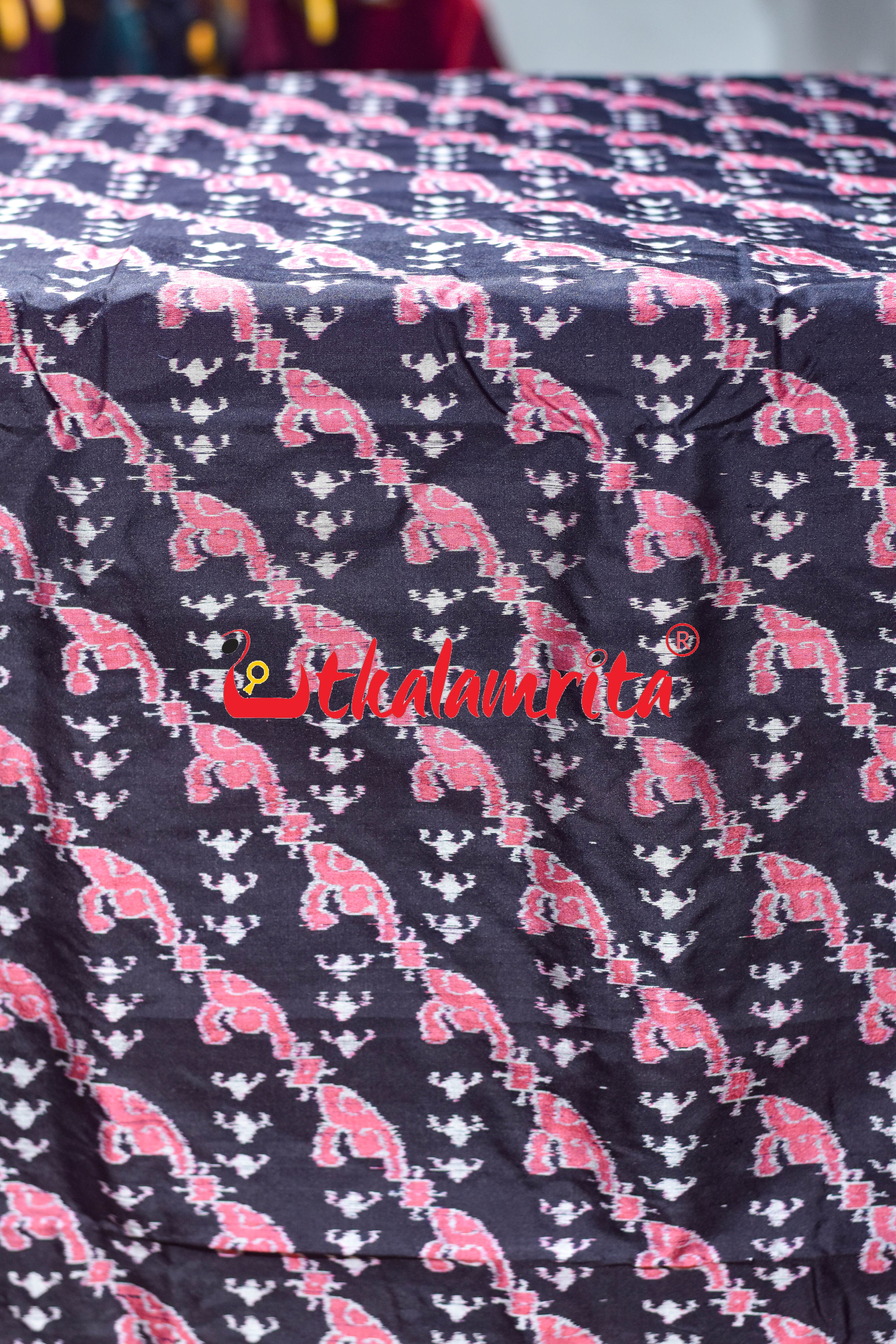 Pink Blooms on Black Sambalpuri Silk (Fabric)