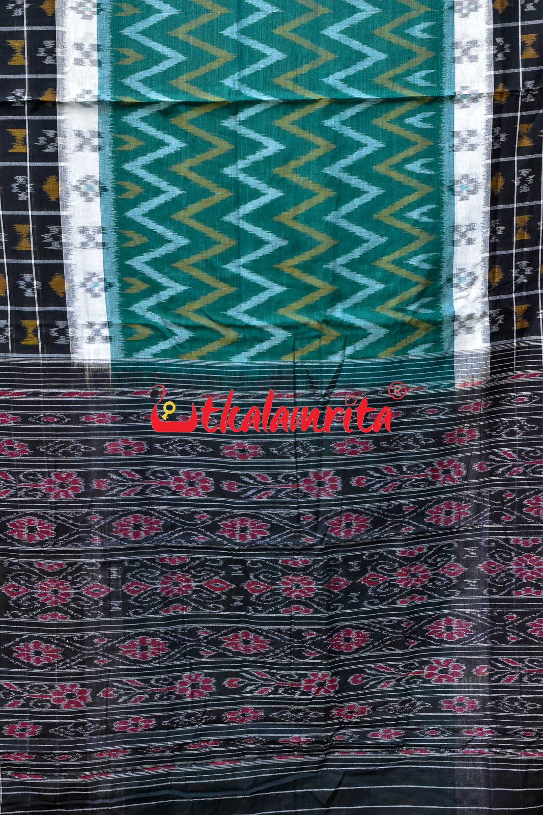 White Green Waves Black Khandua Cotton Saree