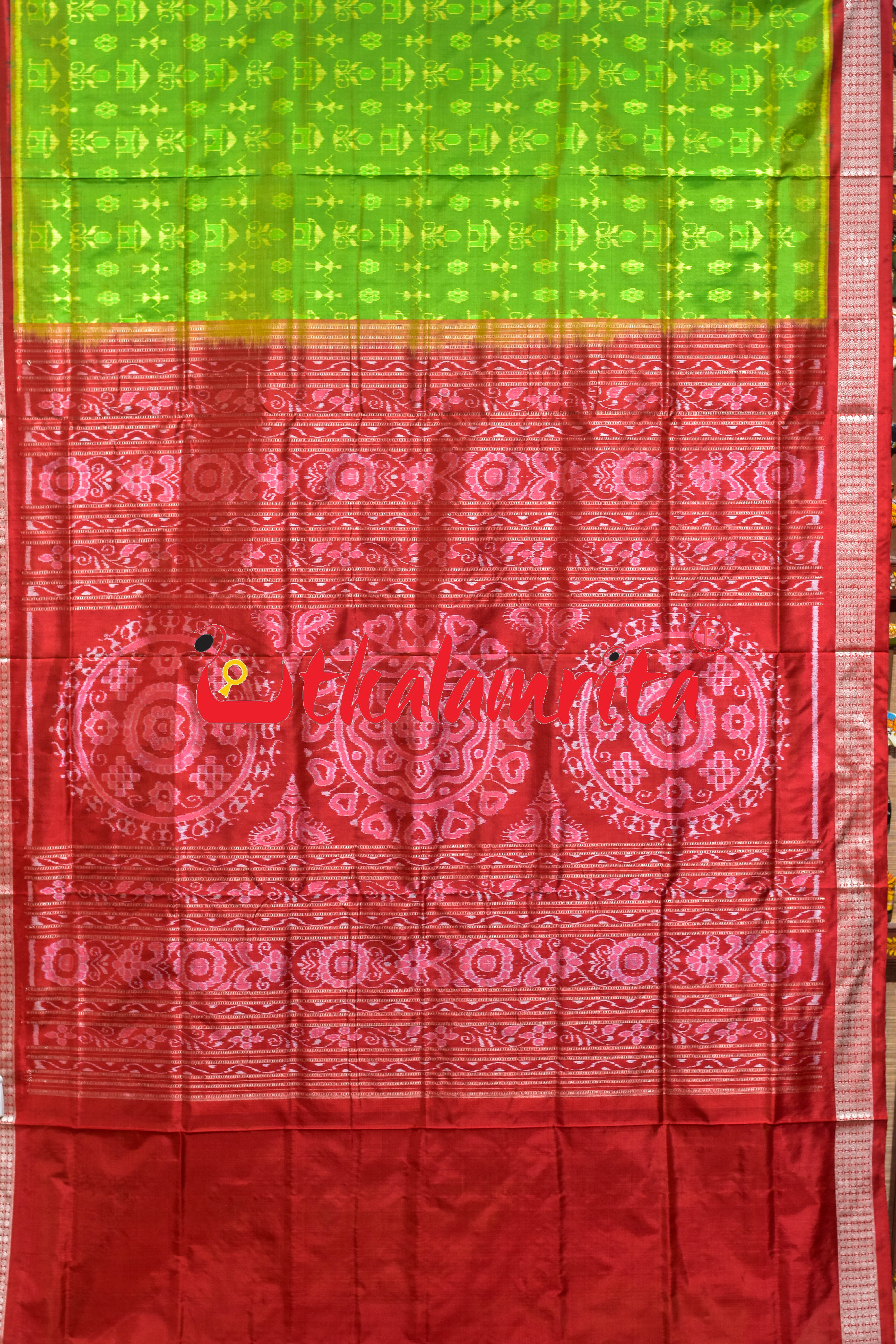 Yellow Green Red Tribal Ghara Sambalpuri Silk Saree