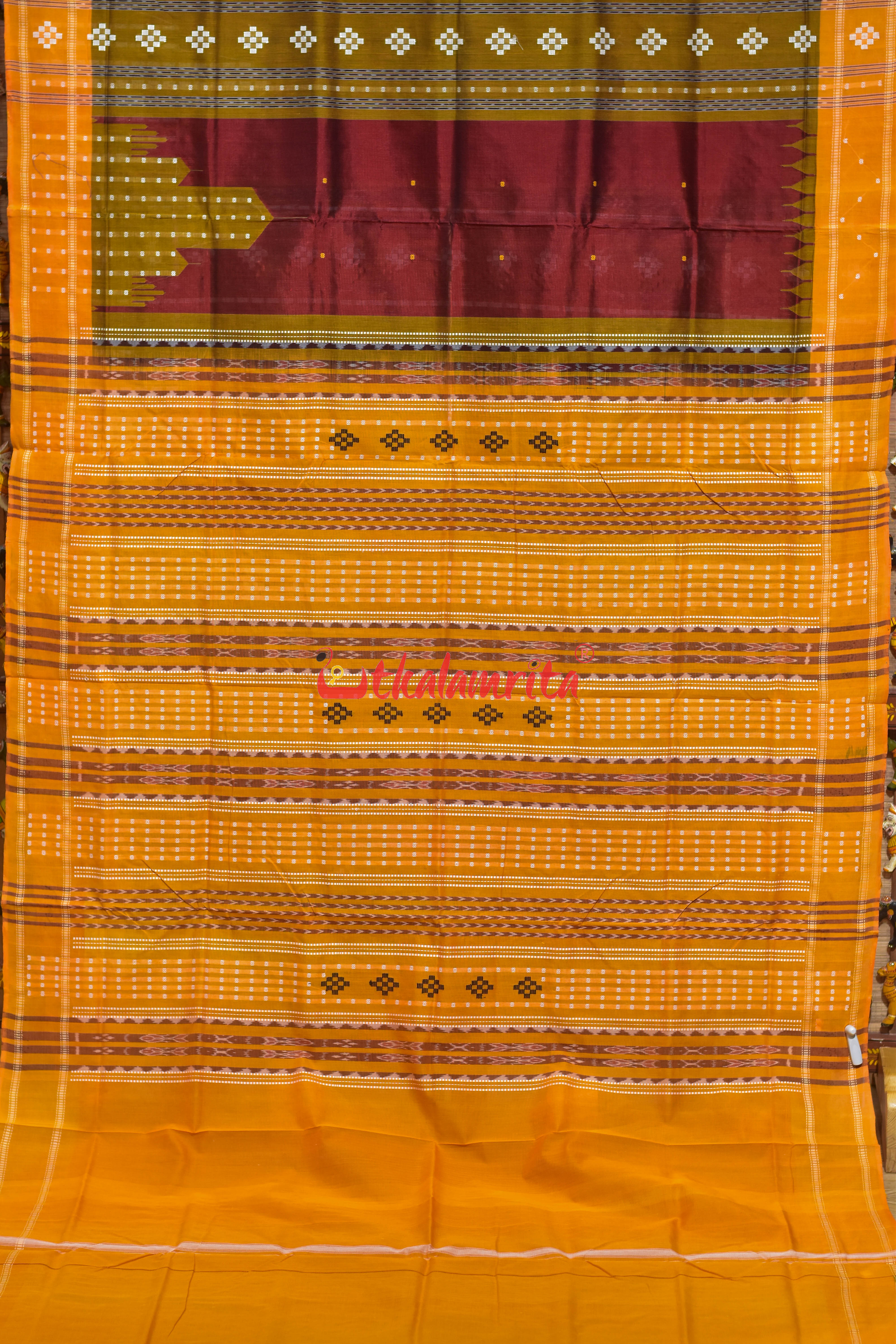 Maroon Yellow Mahal Bapta Saree