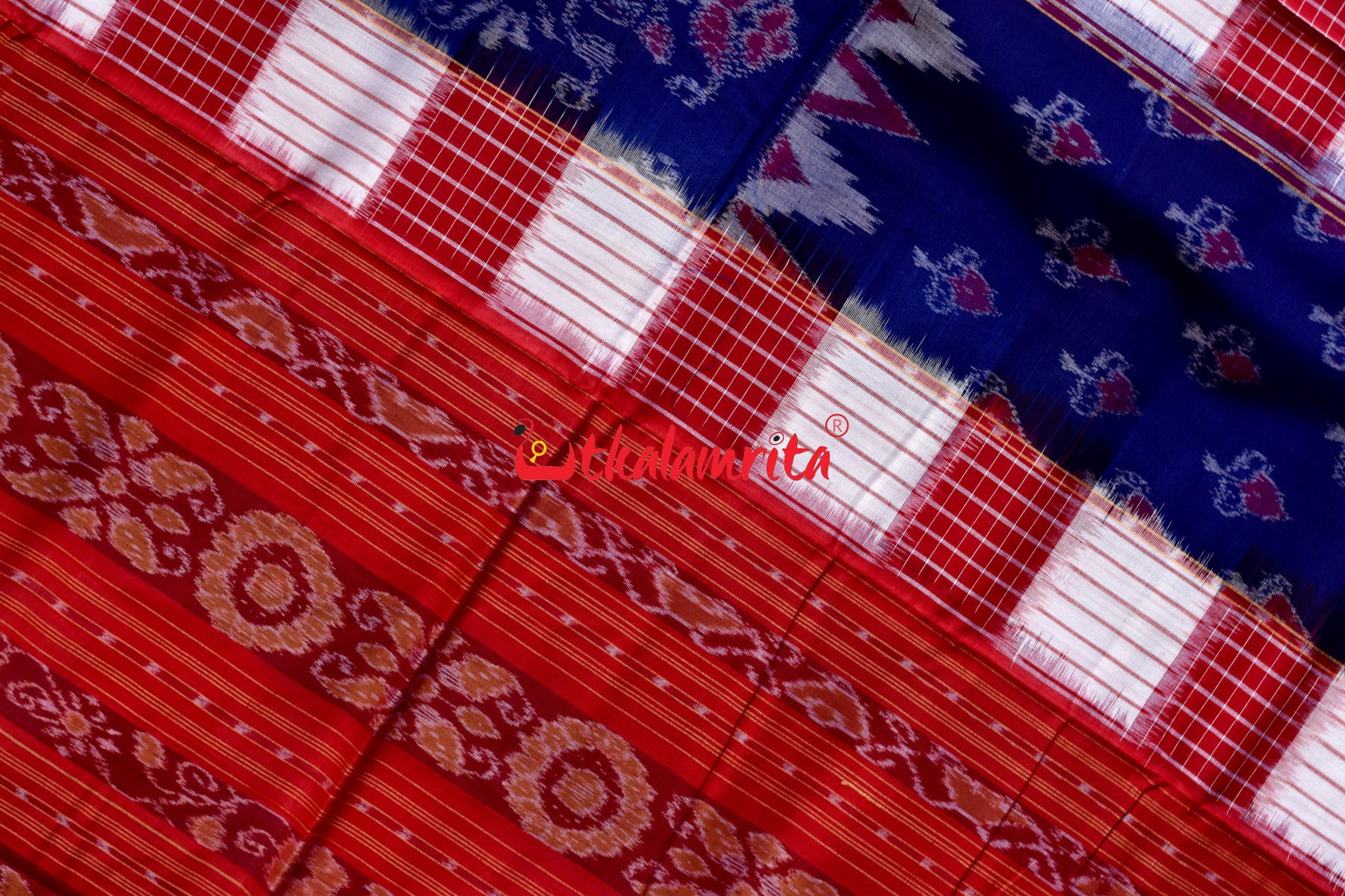 Peri Peri Bandha Pasapali Blue Red White Sambalpuri Cotton Saree