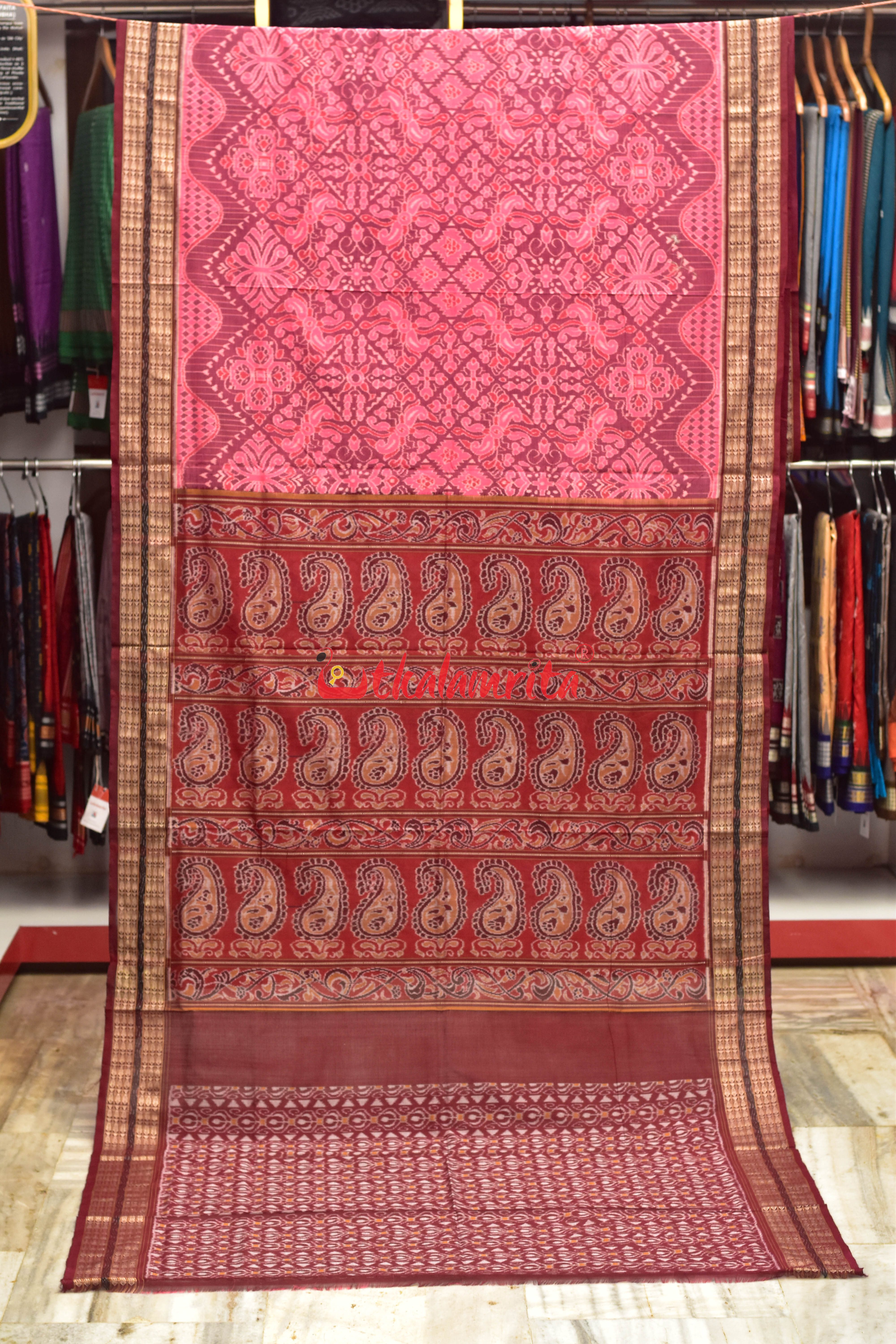 Pink Flowers Body Bandha Sambalpuri Cotton Saree
