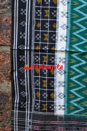 White Green Waves Black Khandua Cotton Saree